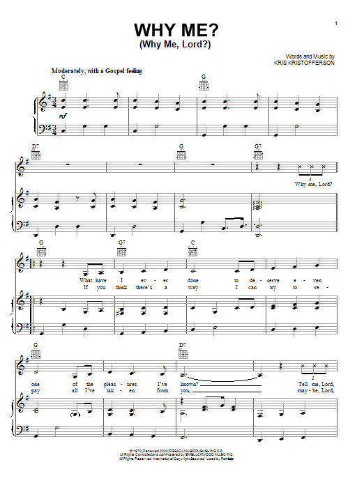 Download Kris Kristofferson Why Me? (Why Me, Lord?) Sheet Music and learn how to play Piano, Vocal & Guitar (Right-Hand Melody) PDF digital score in minutes