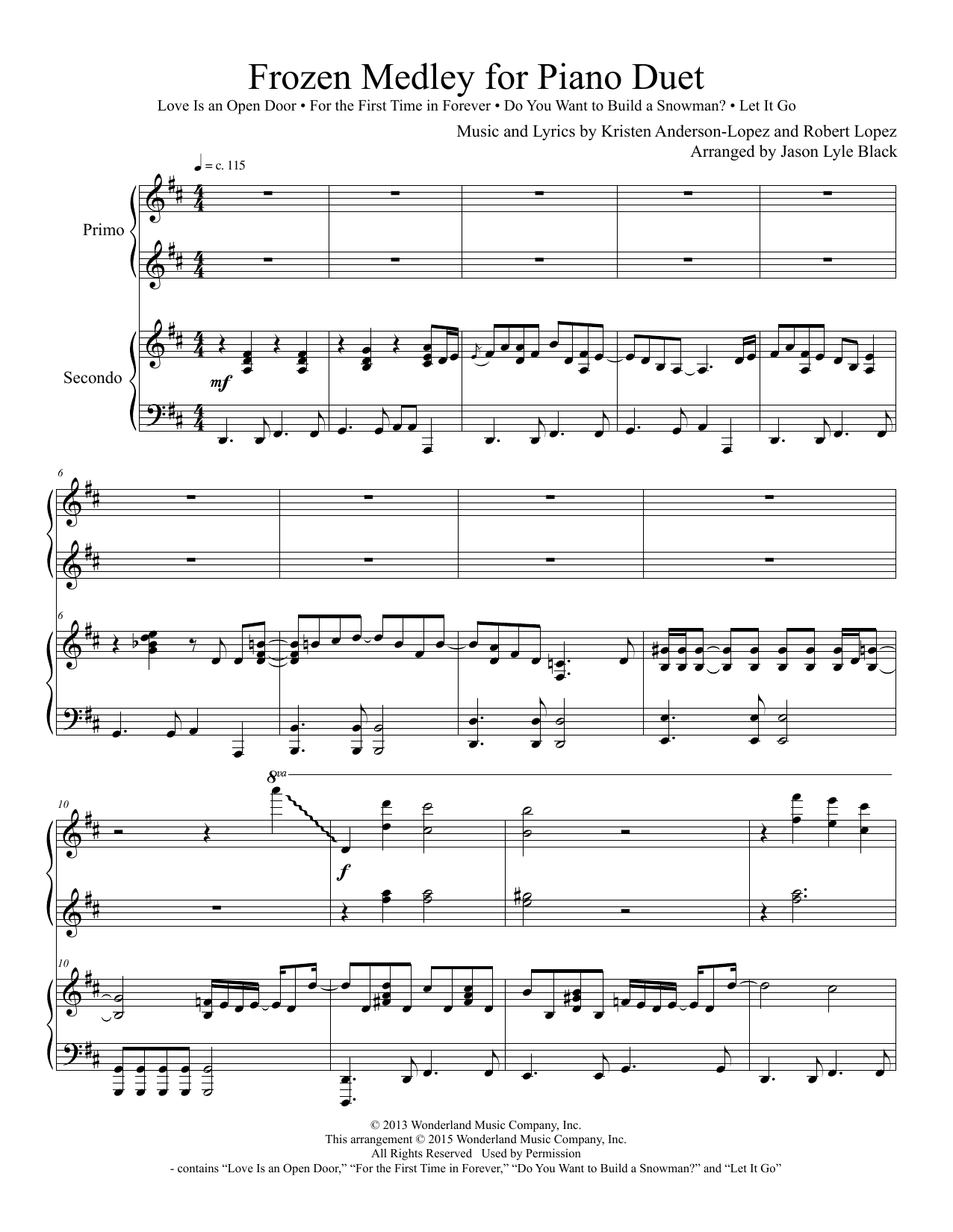Download Jason Lyle Black Frozen Medley for Piano Duet Sheet Music and learn how to play Piano Duet PDF digital score in minutes