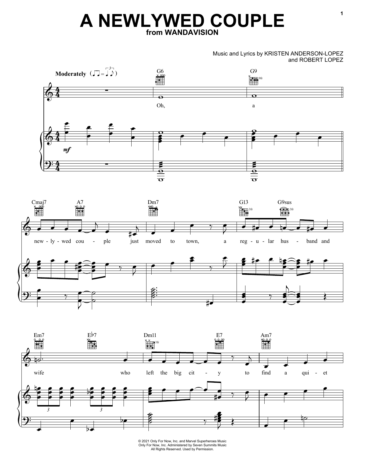 Download Kristen Anderson-Lopez & Robert Lopez A Newlywed Couple (from WandaVision) Sheet Music and learn how to play Piano, Vocal & Guitar Chords (Right-Hand Melody) PDF digital score in minutes
