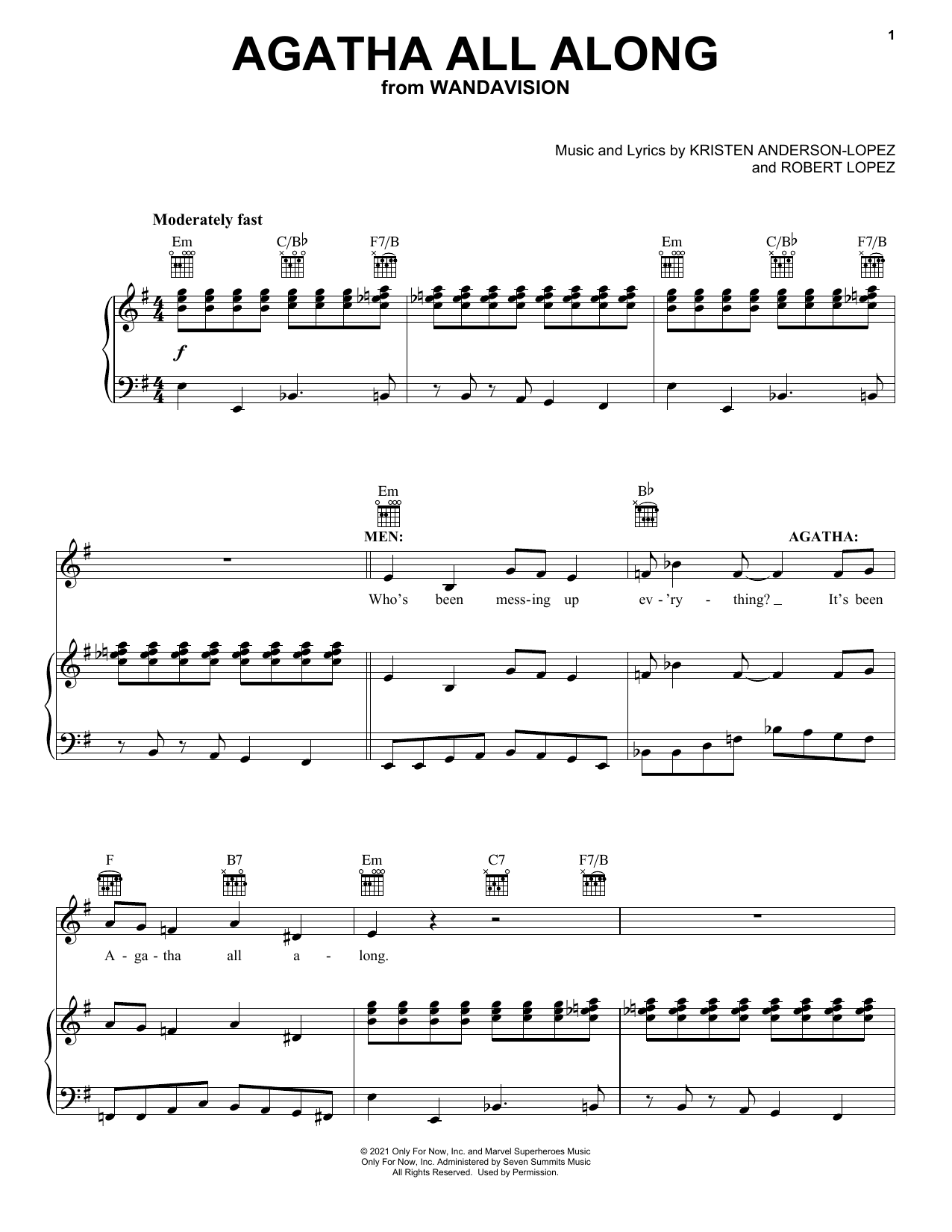 Download Kristen Anderson-Lopez & Robert Lopez Agatha All Along (from WandaVision) Sheet Music and learn how to play Piano, Vocal & Guitar Chords (Right-Hand Melody) PDF digital score in minutes