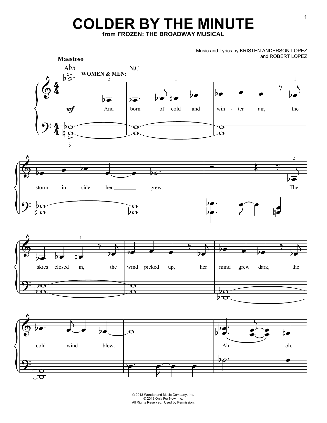 Download Kristen Anderson-Lopez & Robert Lopez Colder By The Minute (from Frozen: The Broadway Musical) Sheet Music and learn how to play Easy Piano PDF digital score in minutes