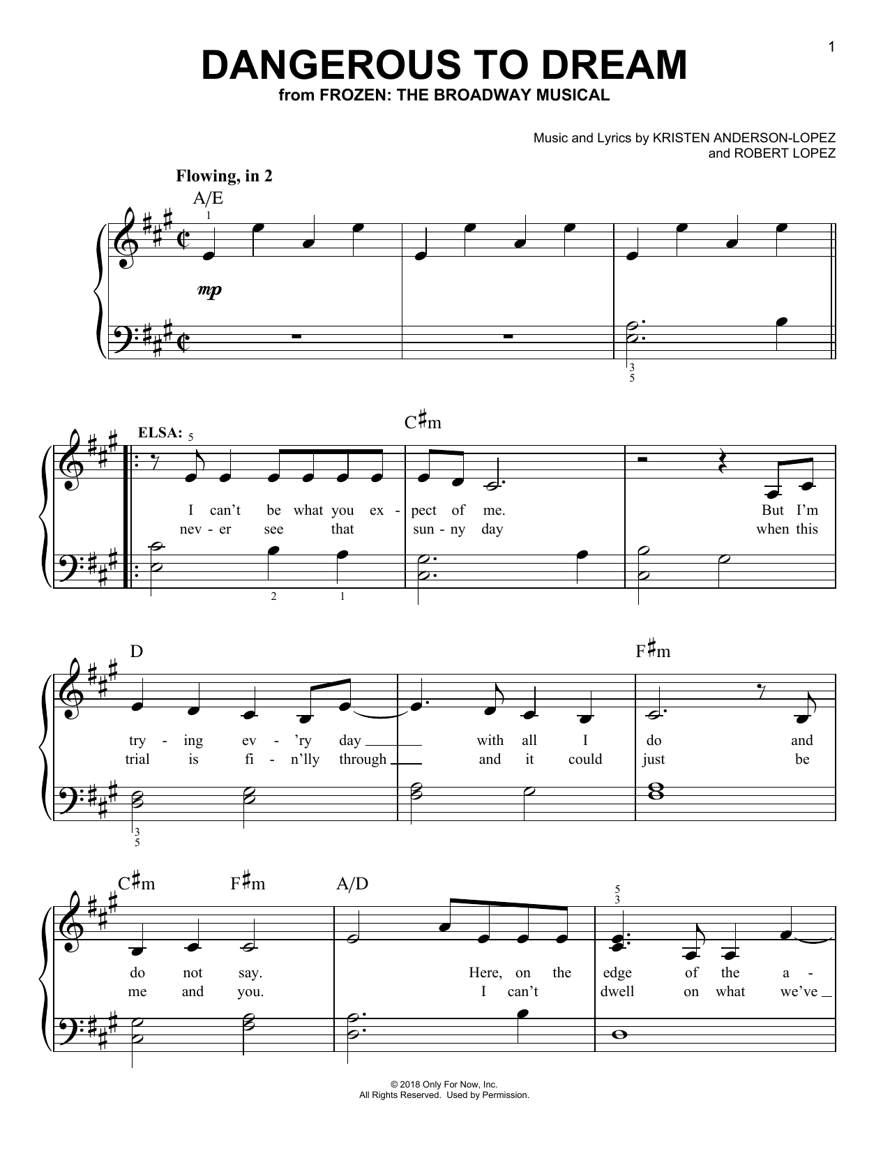 Download Kristen Anderson-Lopez & Robert Lopez Dangerous To Dream (from Frozen: The Broadway Musical) Sheet Music and learn how to play Easy Piano PDF digital score in minutes