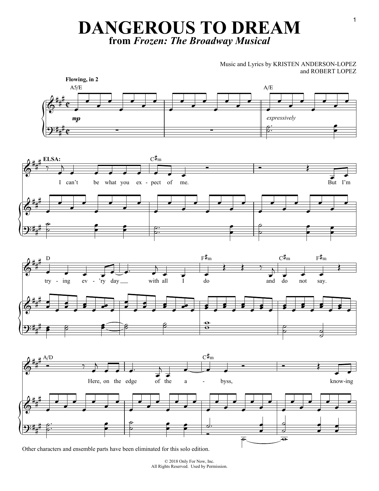 Download Kristen Anderson-Lopez & Robert Lopez Dangerous To Dream [Solo version] (from Frozen: The Broadway Musical) Sheet Music and learn how to play Piano & Vocal PDF digital score in minutes