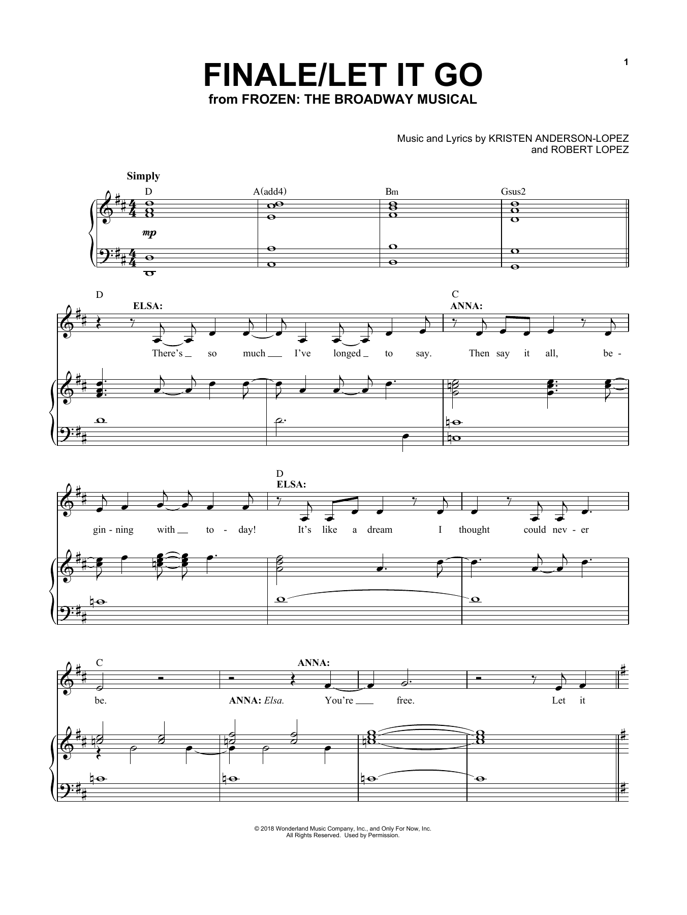 Download Kristen Anderson-Lopez & Robert Lopez Finale / Let It Go Sheet Music and learn how to play Piano & Vocal PDF digital score in minutes