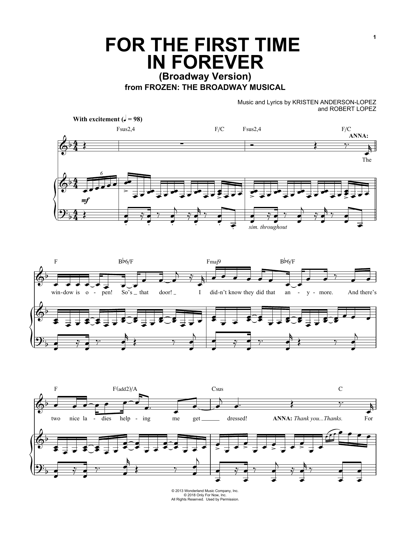 Download Kristen Anderson-Lopez & Robert Lopez For The First Time In Forever (Broadway Version) Sheet Music and learn how to play Piano & Vocal PDF digital score in minutes