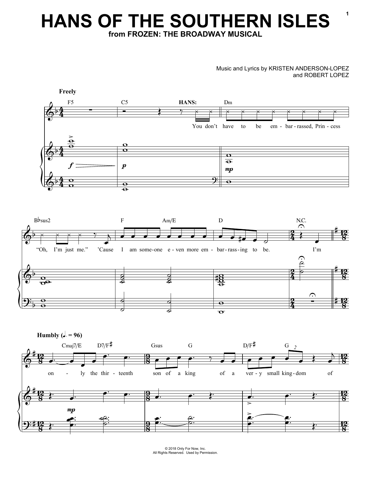 Download Kristen Anderson-Lopez & Robert Lopez Hans Of The Southern Isles (from Frozen: The Broadway Musical) Sheet Music and learn how to play Piano & Vocal PDF digital score in minutes