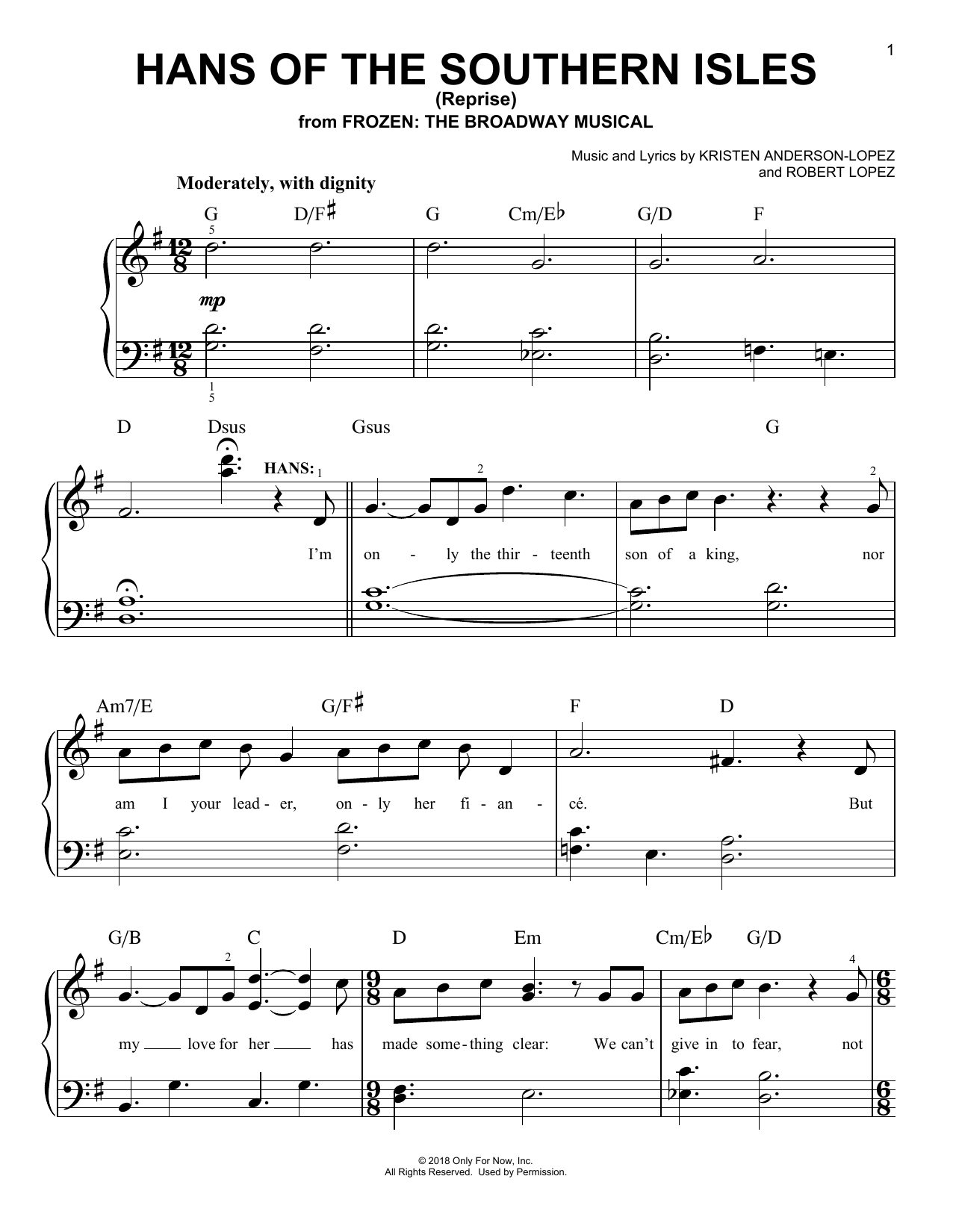 Download Kristen Anderson-Lopez & Robert Lopez Hans Of The Southern Isles (Reprise) (from Frozen: The Broadway Musical) Sheet Music and learn how to play Easy Piano PDF digital score in minutes
