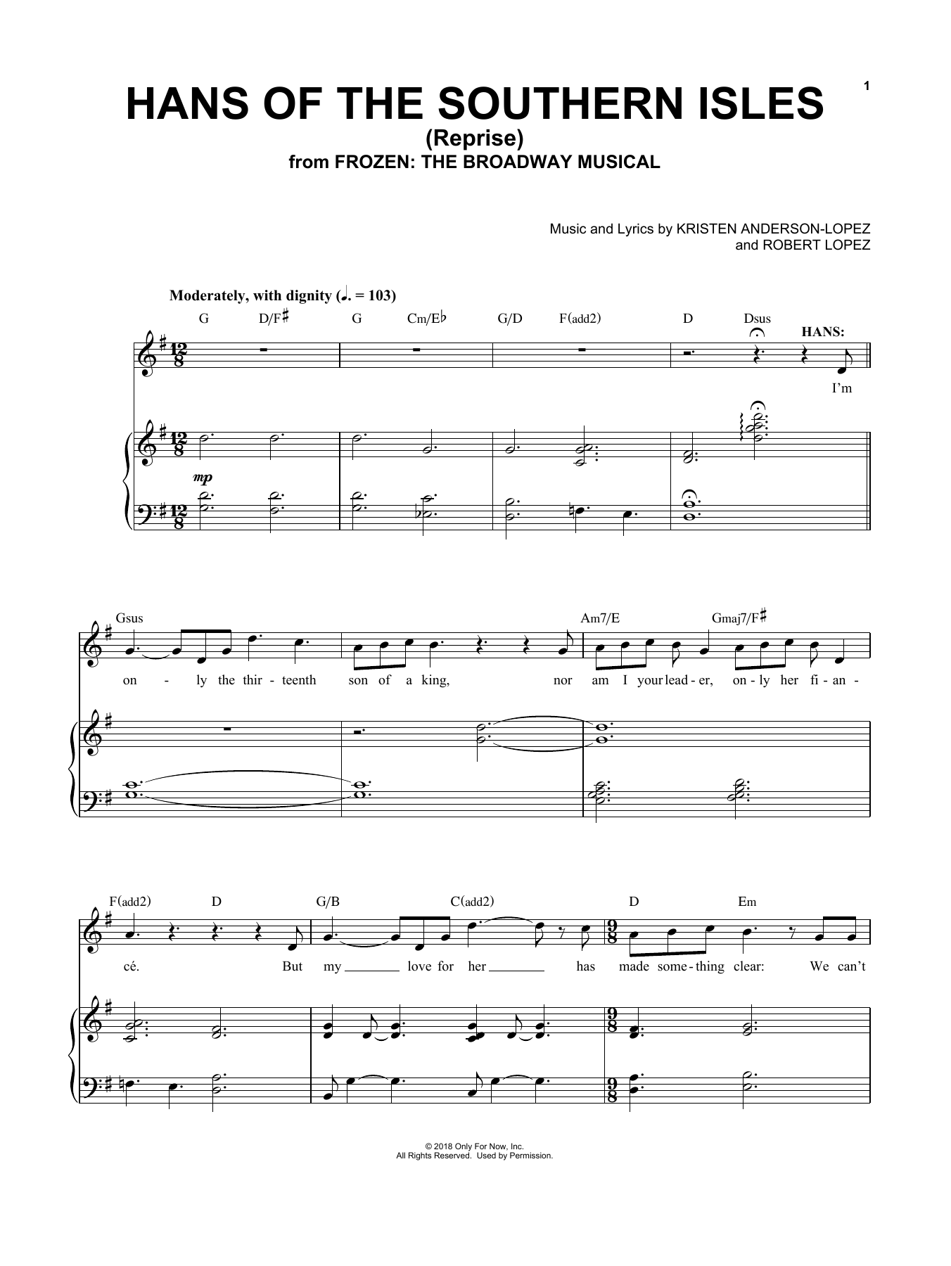 Download Kristen Anderson-Lopez & Robert Lopez Hans Of The Southern Isles (Reprise) (from Frozen: The Broadway Musical) Sheet Music and learn how to play Easy Piano PDF digital score in minutes