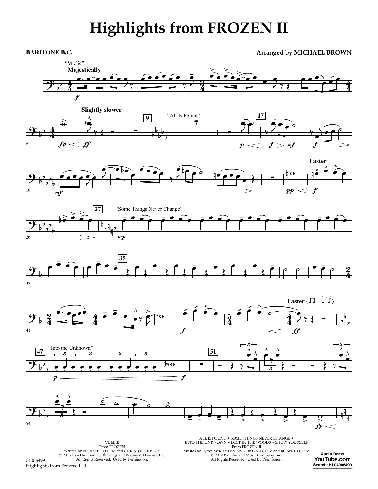 Download Kristen Anderson-Lopez & Robert Lopez Highlights from Disney's Frozen 2 (arr. Michael Brown) - Baritone B.C. Sheet Music and learn how to play Concert Band PDF digital score in minutes