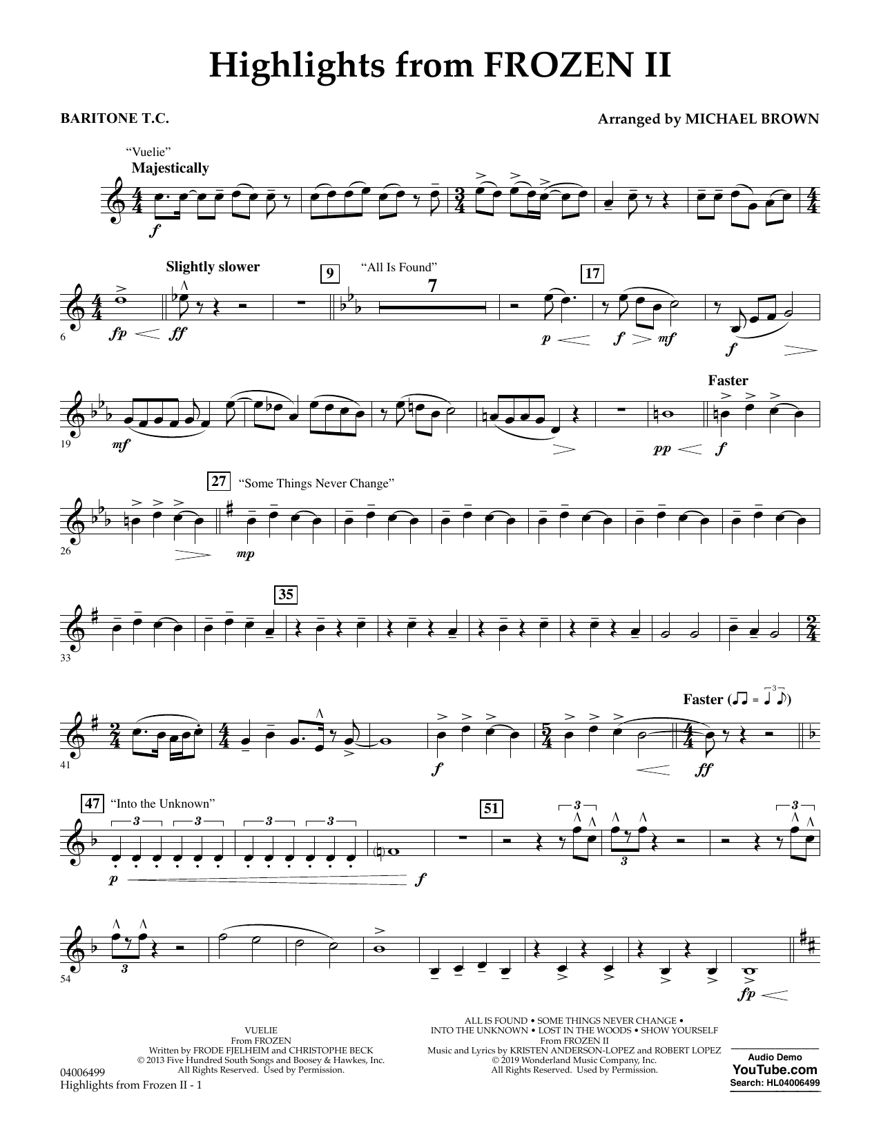 Download Kristen Anderson-Lopez & Robert Lopez Highlights from Disney's Frozen 2 (arr. Michael Brown) - Baritone T.C. Sheet Music and learn how to play Concert Band PDF digital score in minutes