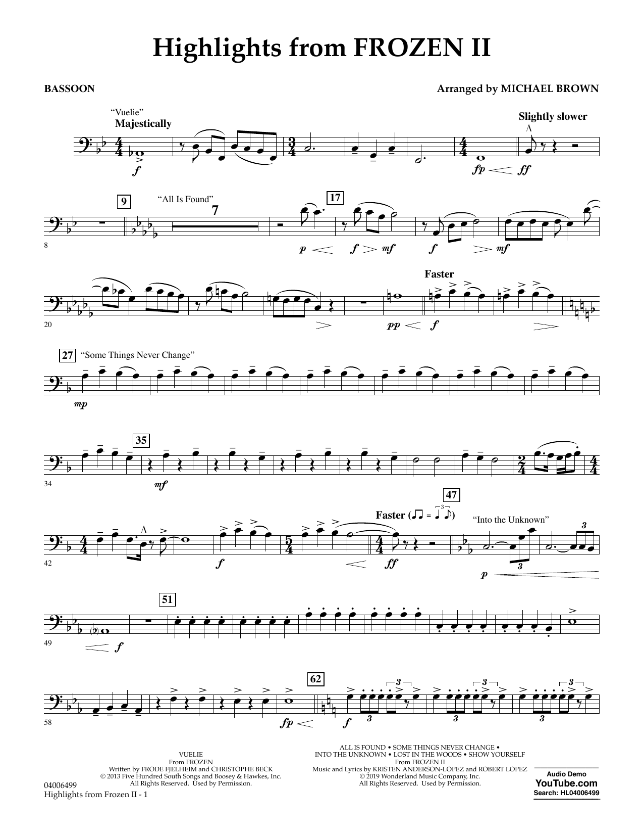 Download Kristen Anderson-Lopez & Robert Lopez Highlights from Disney's Frozen 2 (arr. Michael Brown) - Bassoon Sheet Music and learn how to play Concert Band PDF digital score in minutes