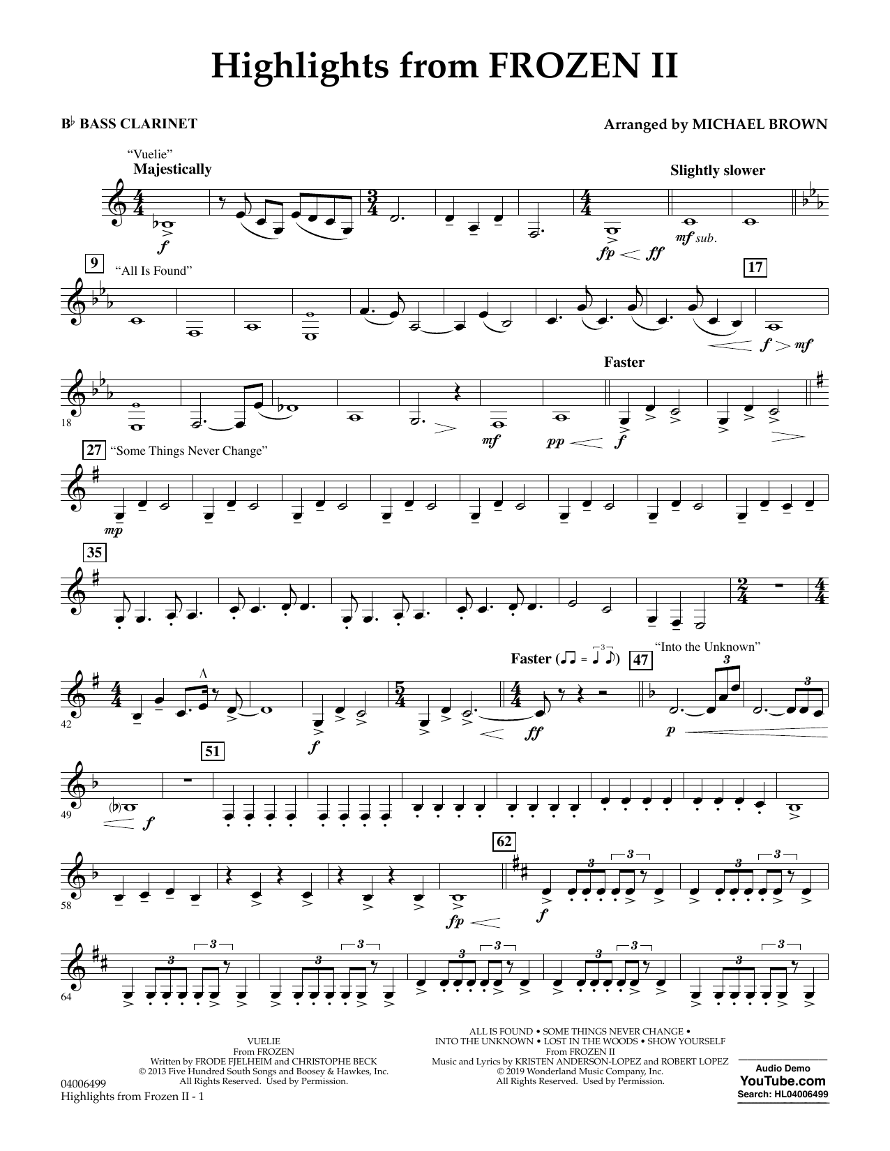 Download Kristen Anderson-Lopez & Robert Lopez Highlights from Disney's Frozen 2 (arr. Michael Brown) - Bb Bass Clarinet Sheet Music and learn how to play Concert Band PDF digital score in minutes