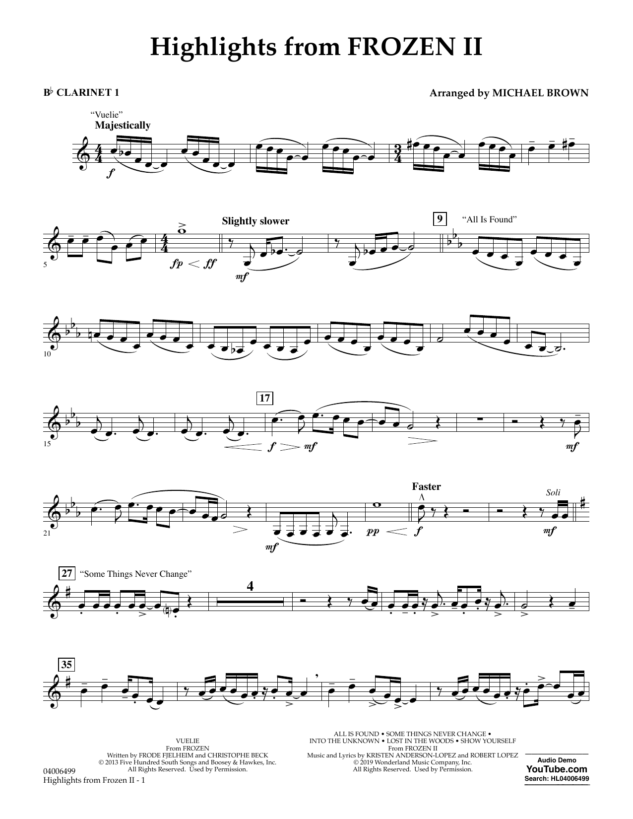 Download Kristen Anderson-Lopez & Robert Lopez Highlights from Disney's Frozen 2 (arr. Michael Brown) - Bb Clarinet 1 Sheet Music and learn how to play Concert Band PDF digital score in minutes