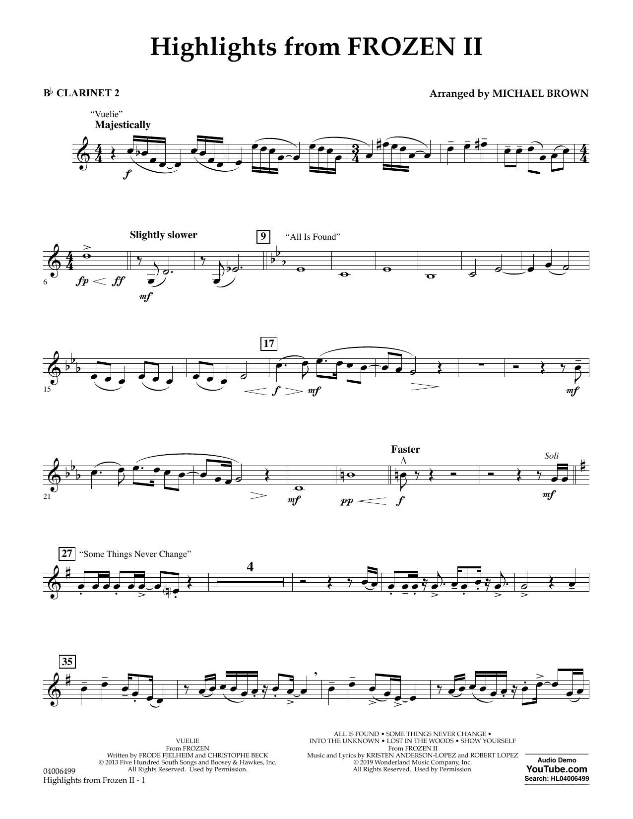 Download Kristen Anderson-Lopez & Robert Lopez Highlights from Disney's Frozen 2 (arr. Michael Brown) - Bb Clarinet 2 Sheet Music and learn how to play Concert Band PDF digital score in minutes