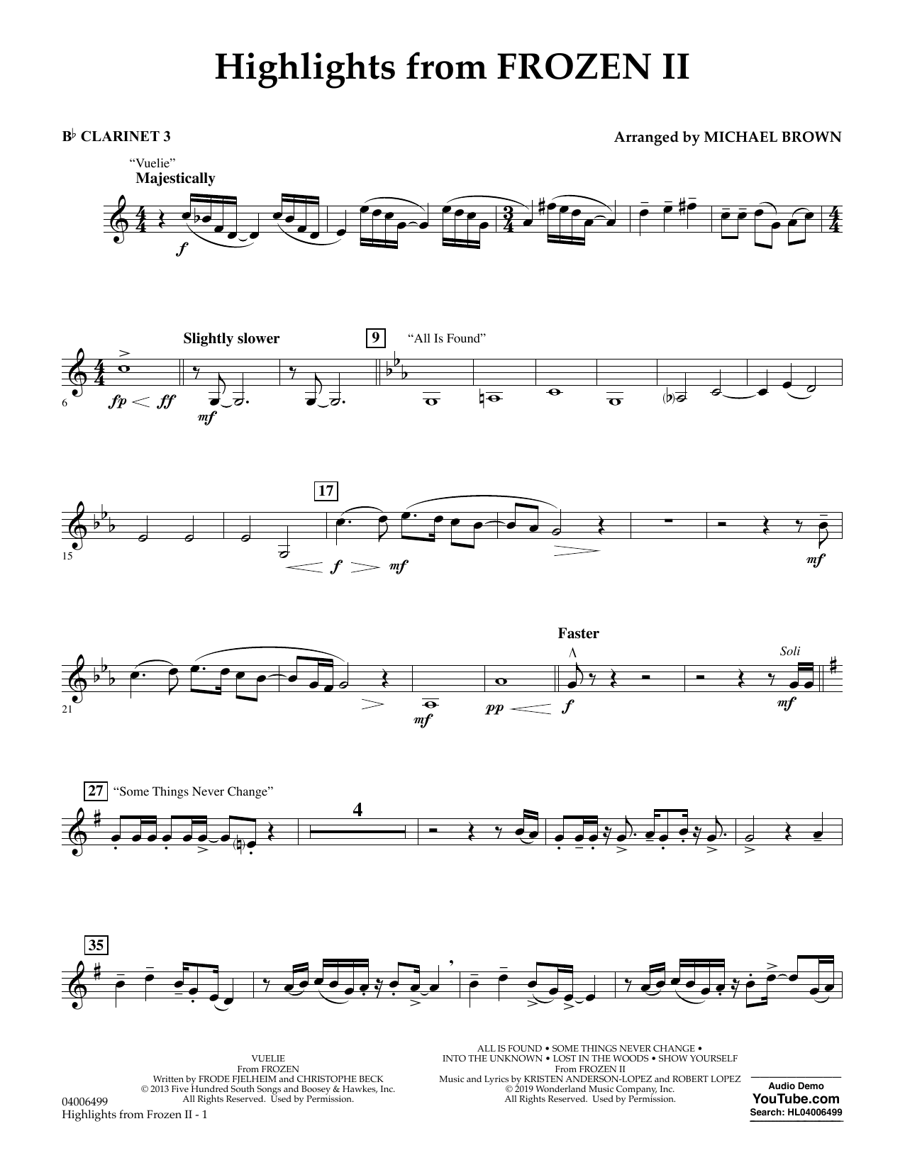 Download Kristen Anderson-Lopez & Robert Lopez Highlights from Disney's Frozen 2 (arr. Michael Brown) - Bb Clarinet 3 Sheet Music and learn how to play Concert Band PDF digital score in minutes