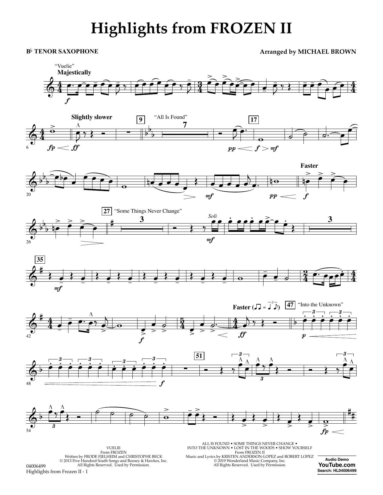 Download Kristen Anderson-Lopez & Robert Lopez Highlights from Disney's Frozen 2 (arr. Michael Brown) - Bb Tenor Saxophone Sheet Music and learn how to play Concert Band PDF digital score in minutes