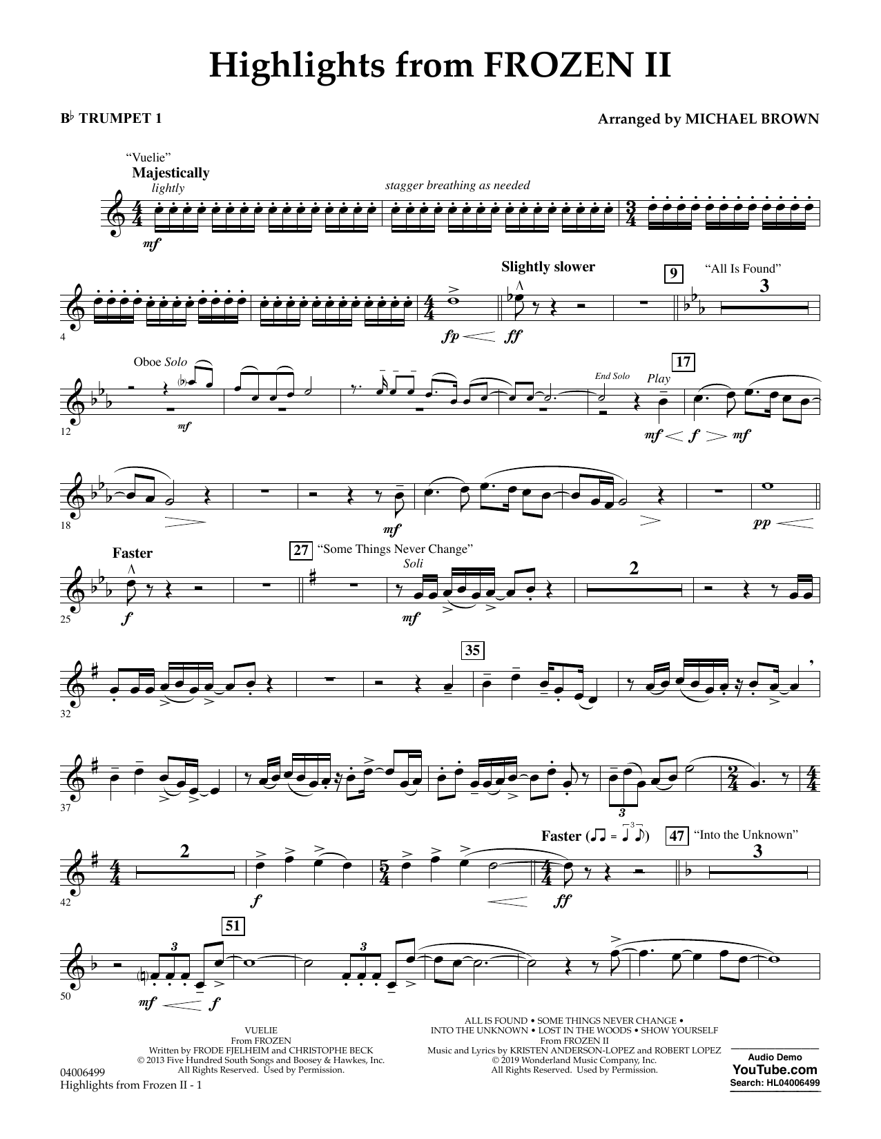 Download Kristen Anderson-Lopez & Robert Lopez Highlights from Disney's Frozen 2 (arr. Michael Brown) - Bb Trumpet 1 Sheet Music and learn how to play Concert Band PDF digital score in minutes