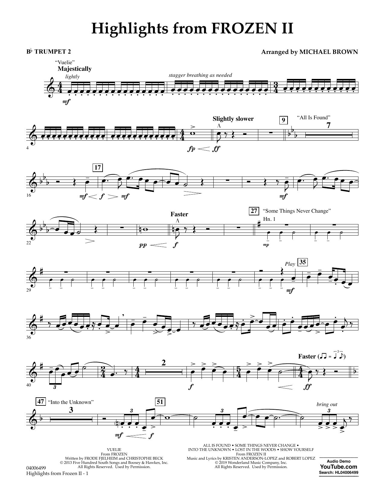 Download Kristen Anderson-Lopez & Robert Lopez Highlights from Disney's Frozen 2 (arr. Michael Brown) - Bb Trumpet 2 Sheet Music and learn how to play Concert Band PDF digital score in minutes