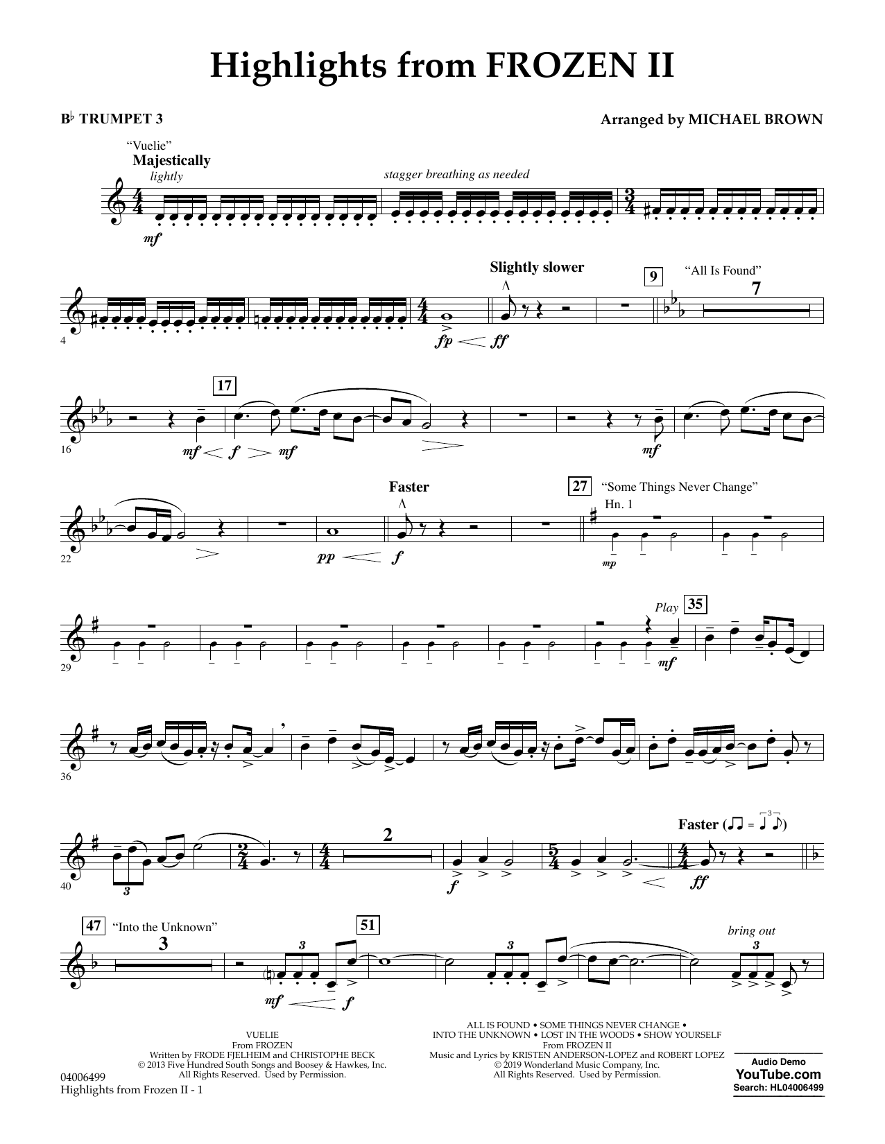 Download Kristen Anderson-Lopez & Robert Lopez Highlights from Disney's Frozen 2 (arr. Michael Brown) - Bb Trumpet 3 Sheet Music and learn how to play Concert Band PDF digital score in minutes