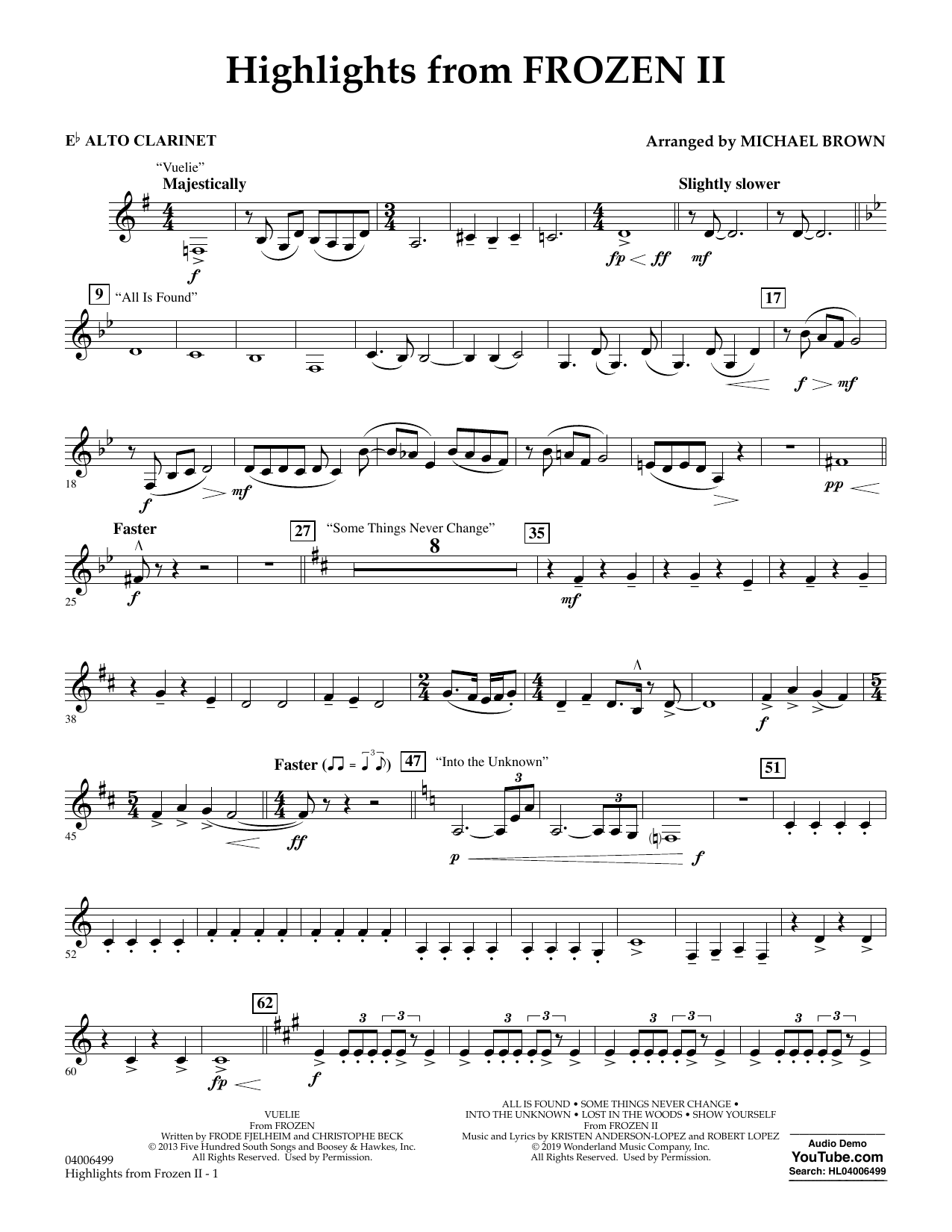 Download Kristen Anderson-Lopez & Robert Lopez Highlights from Disney's Frozen 2 (arr. Michael Brown) - Eb Alto Clarinet Sheet Music and learn how to play Concert Band PDF digital score in minutes