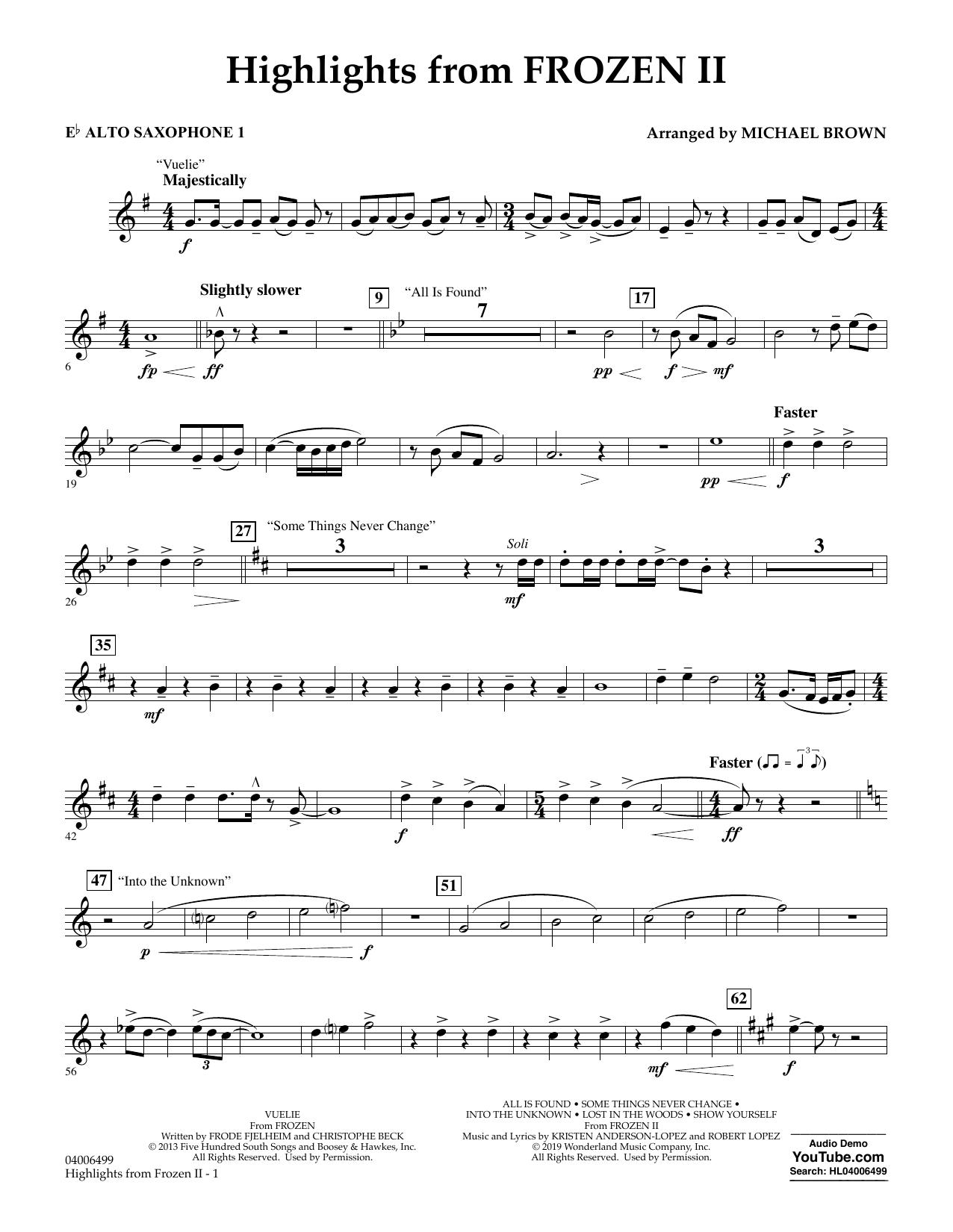 Download Kristen Anderson-Lopez & Robert Lopez Highlights from Disney's Frozen 2 (arr. Michael Brown) - Eb Alto Saxophone 1 Sheet Music and learn how to play Concert Band PDF digital score in minutes