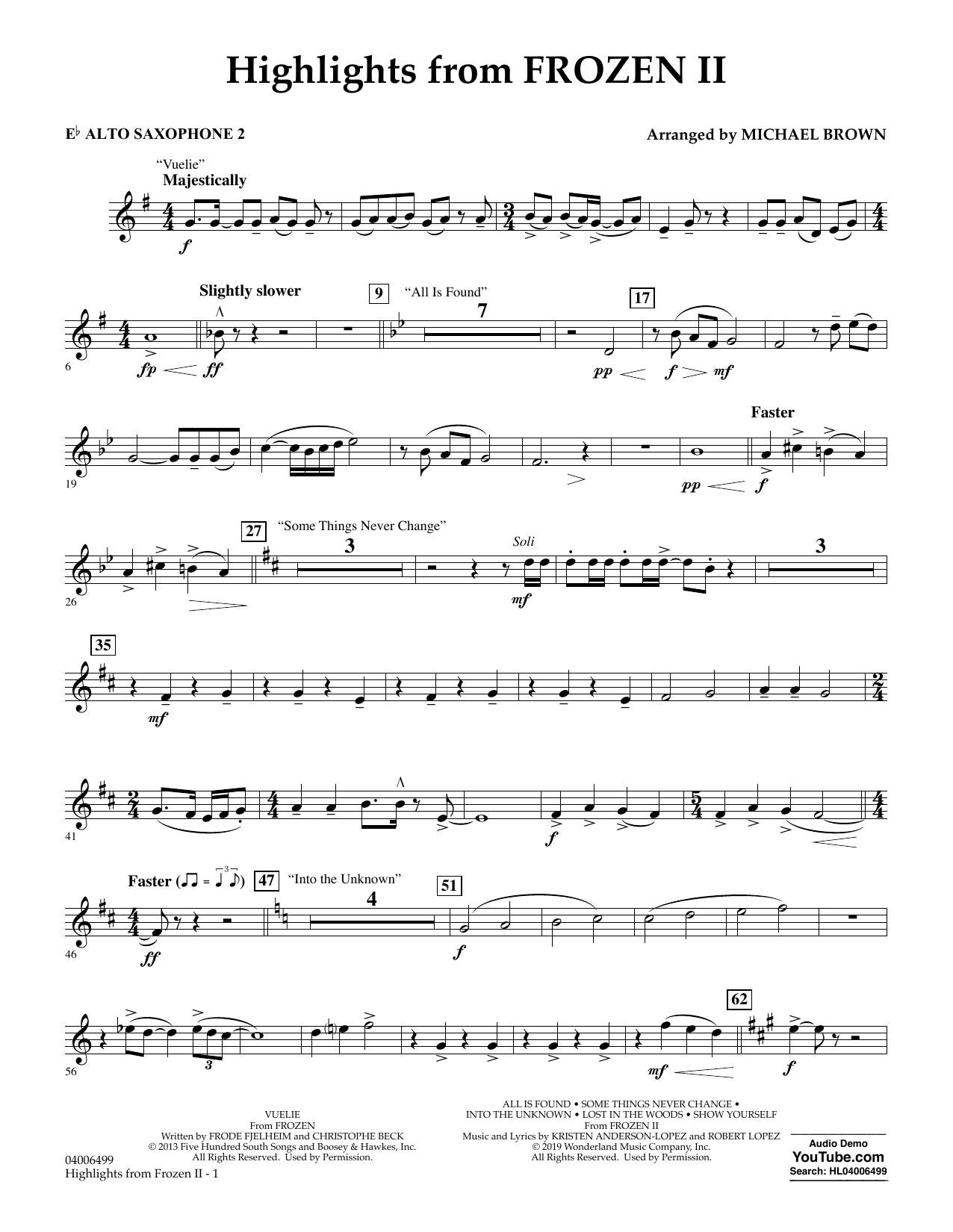 Download Kristen Anderson-Lopez & Robert Lopez Highlights from Disney's Frozen 2 (arr. Michael Brown) - Eb Alto Saxophone 2 Sheet Music and learn how to play Concert Band PDF digital score in minutes