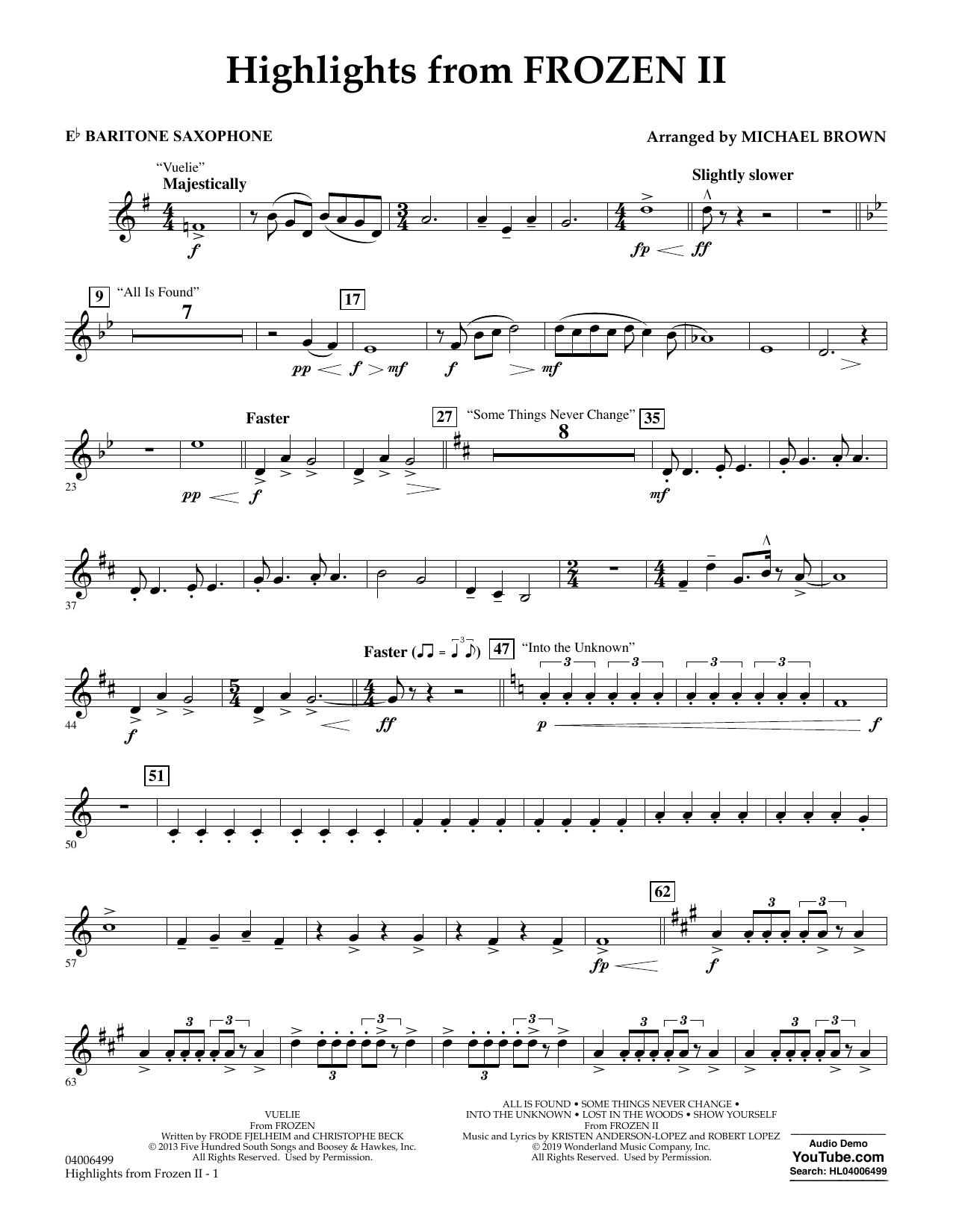 Download Kristen Anderson-Lopez & Robert Lopez Highlights from Disney's Frozen 2 (arr. Michael Brown) - Eb Baritone Saxophone Sheet Music and learn how to play Concert Band PDF digital score in minutes
