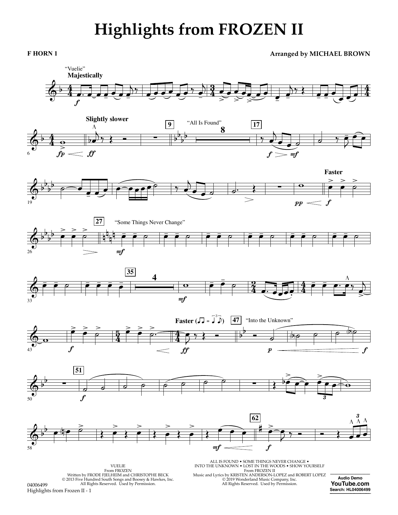 Download Kristen Anderson-Lopez & Robert Lopez Highlights from Disney's Frozen 2 (arr. Michael Brown) - F Horn 1 Sheet Music and learn how to play Concert Band PDF digital score in minutes