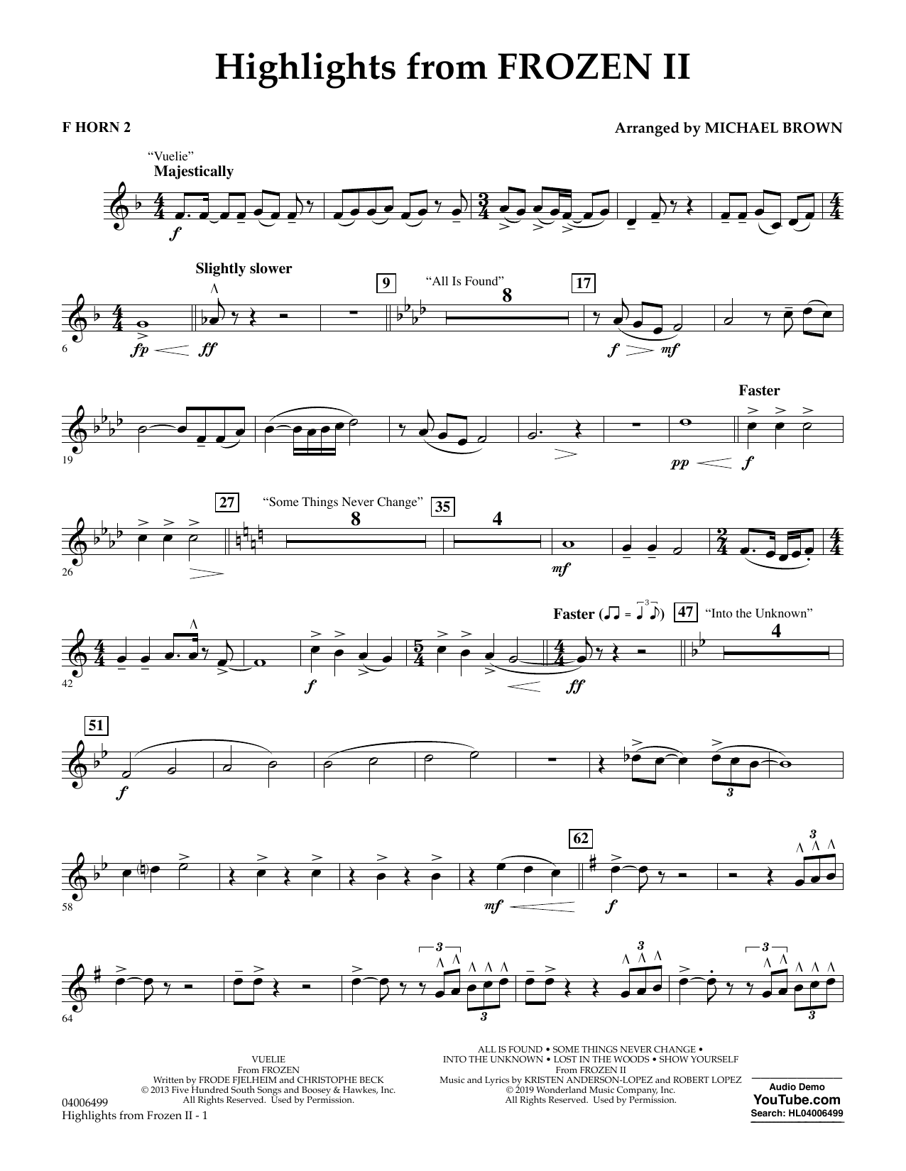 Download Kristen Anderson-Lopez & Robert Lopez Highlights from Disney's Frozen 2 (arr. Michael Brown) - F Horn 2 Sheet Music and learn how to play Concert Band PDF digital score in minutes