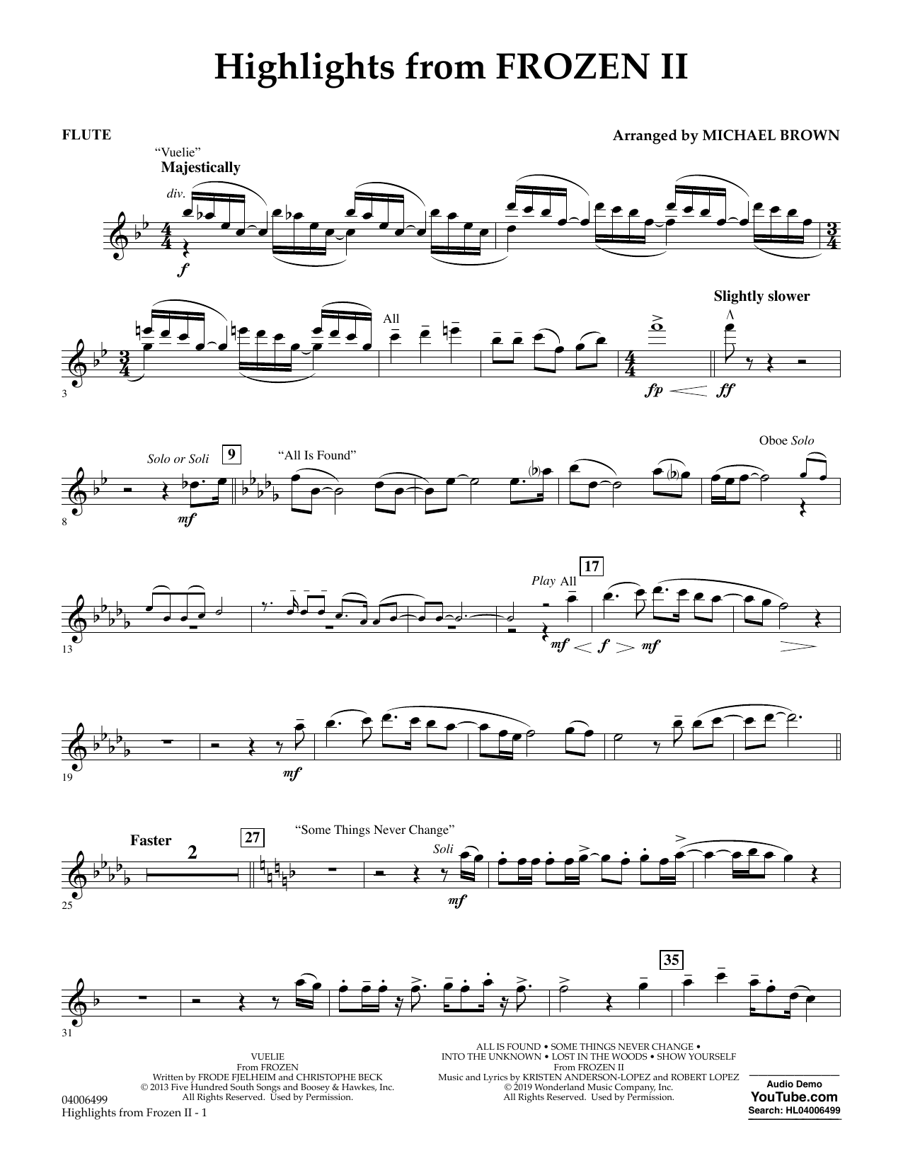 Download Kristen Anderson-Lopez & Robert Lopez Highlights from Disney's Frozen 2 (arr. Michael Brown) - Flute Sheet Music and learn how to play Concert Band PDF digital score in minutes