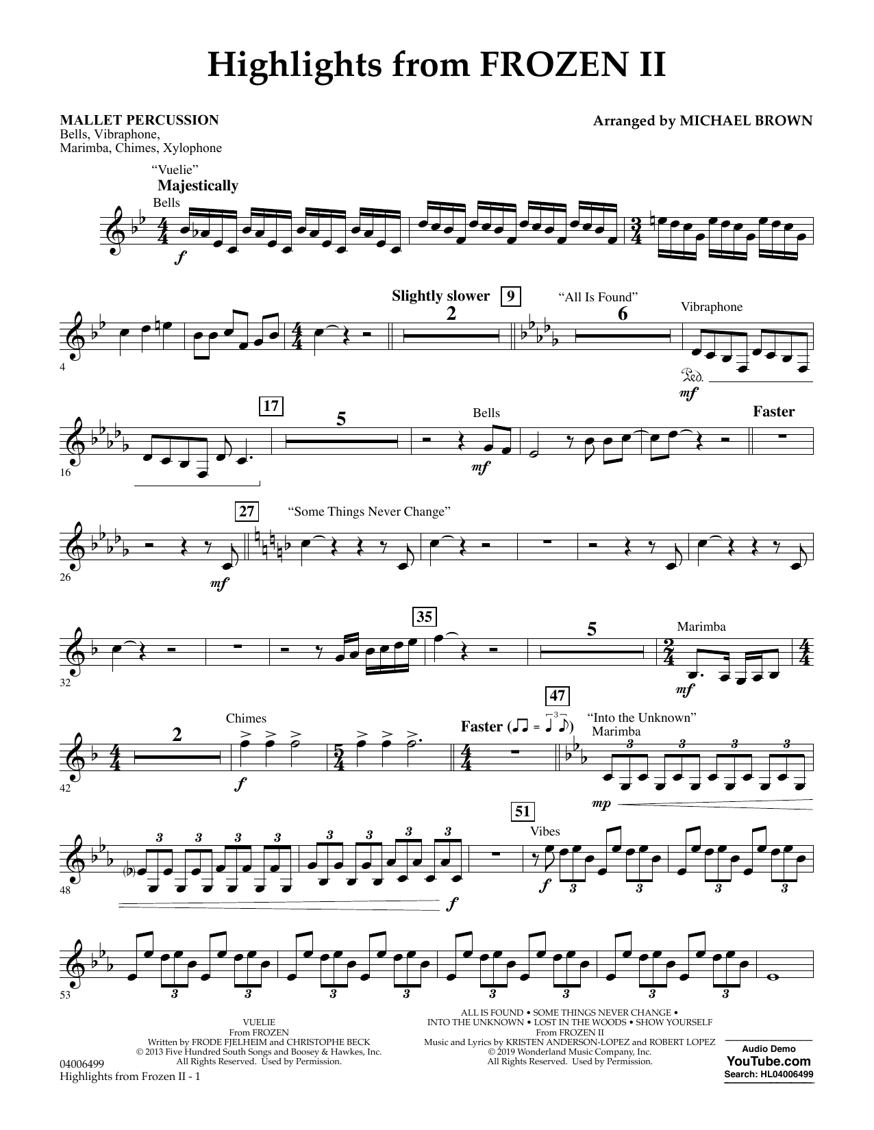 Download Kristen Anderson-Lopez & Robert Lopez Highlights from Disney's Frozen 2 (arr. Michael Brown) - Mallet Percussion Sheet Music and learn how to play Concert Band PDF digital score in minutes