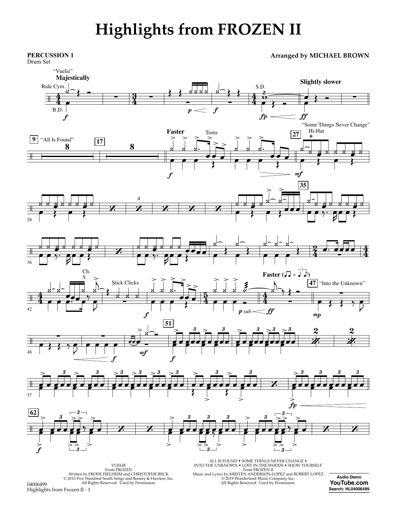 Download Kristen Anderson-Lopez & Robert Lopez Highlights from Disney's Frozen 2 (arr. Michael Brown) - Percussion 1 Sheet Music and learn how to play Concert Band PDF digital score in minutes