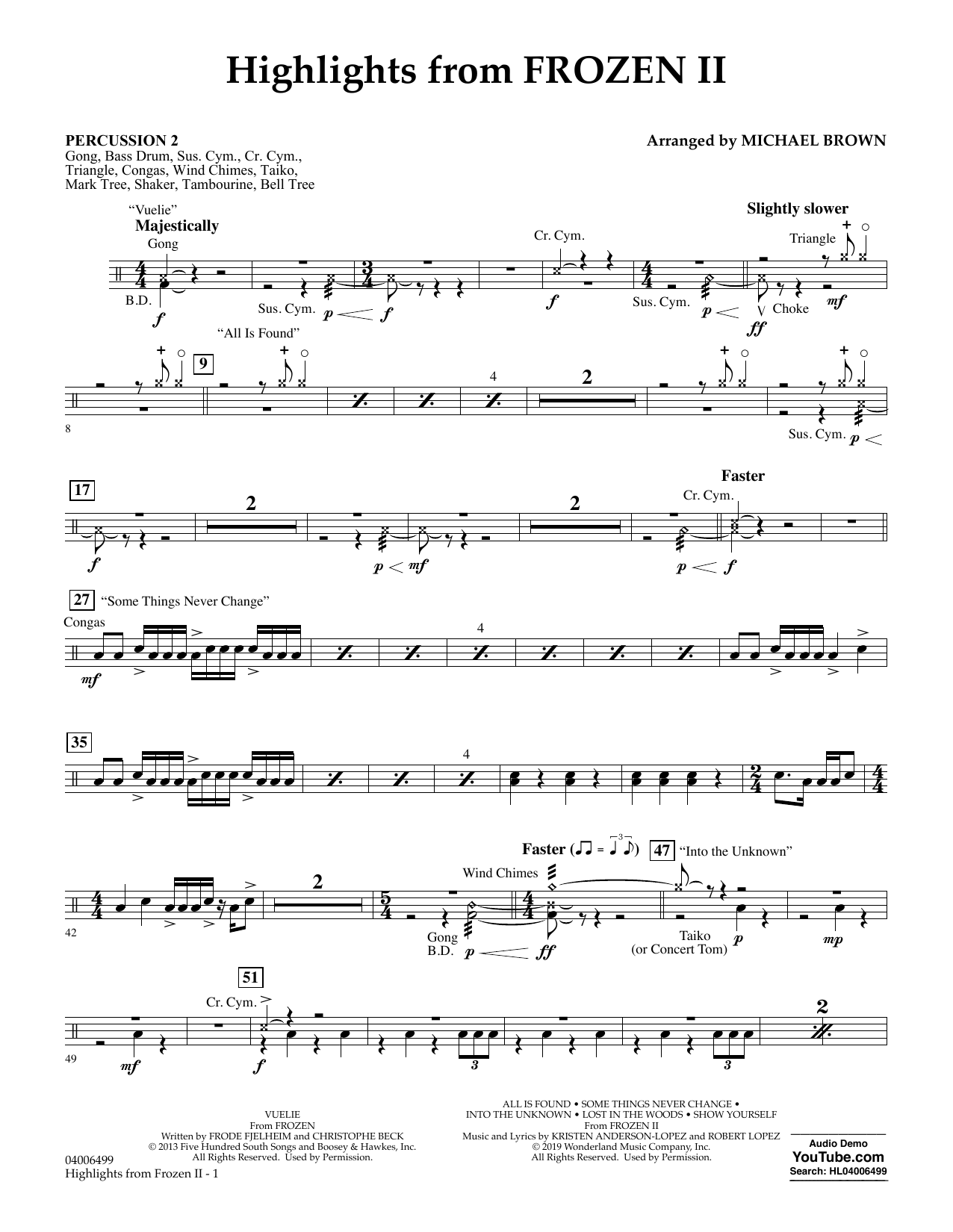 Download Kristen Anderson-Lopez & Robert Lopez Highlights from Disney's Frozen 2 (arr. Michael Brown) - Percussion 2 Sheet Music and learn how to play Concert Band PDF digital score in minutes