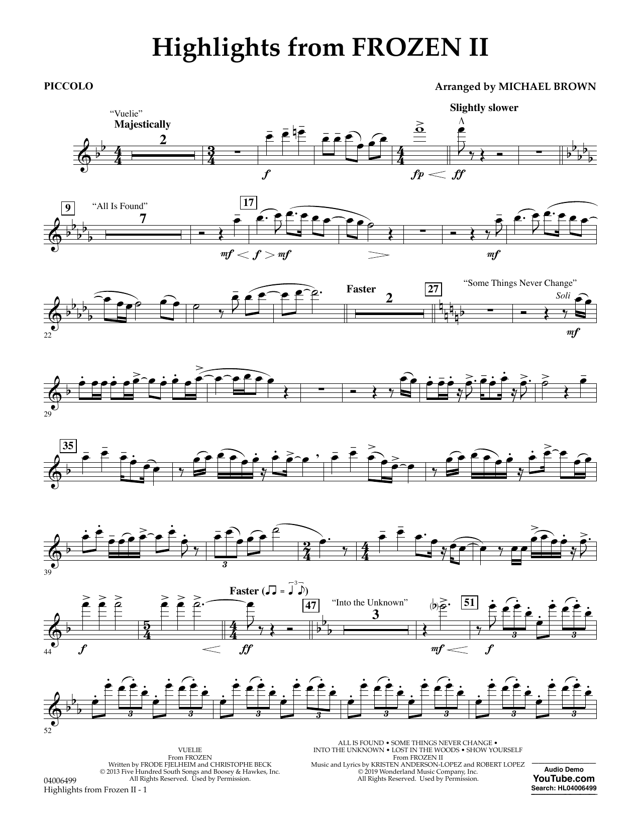 Download Kristen Anderson-Lopez & Robert Lopez Highlights from Disney's Frozen 2 (arr. Michael Brown) - Piccolo Sheet Music and learn how to play Concert Band PDF digital score in minutes