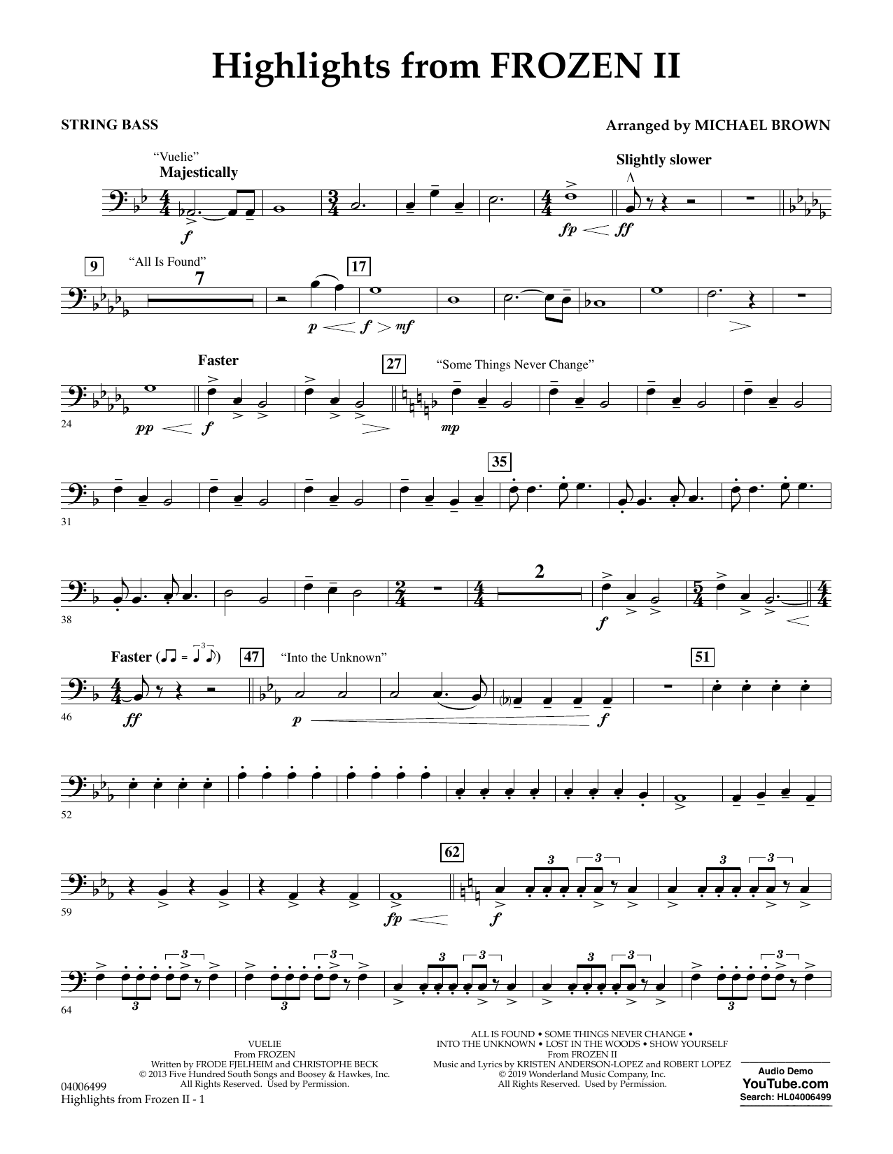 Download Kristen Anderson-Lopez & Robert Lopez Highlights from Disney's Frozen 2 (arr. Michael Brown) - String Bass Sheet Music and learn how to play Concert Band PDF digital score in minutes