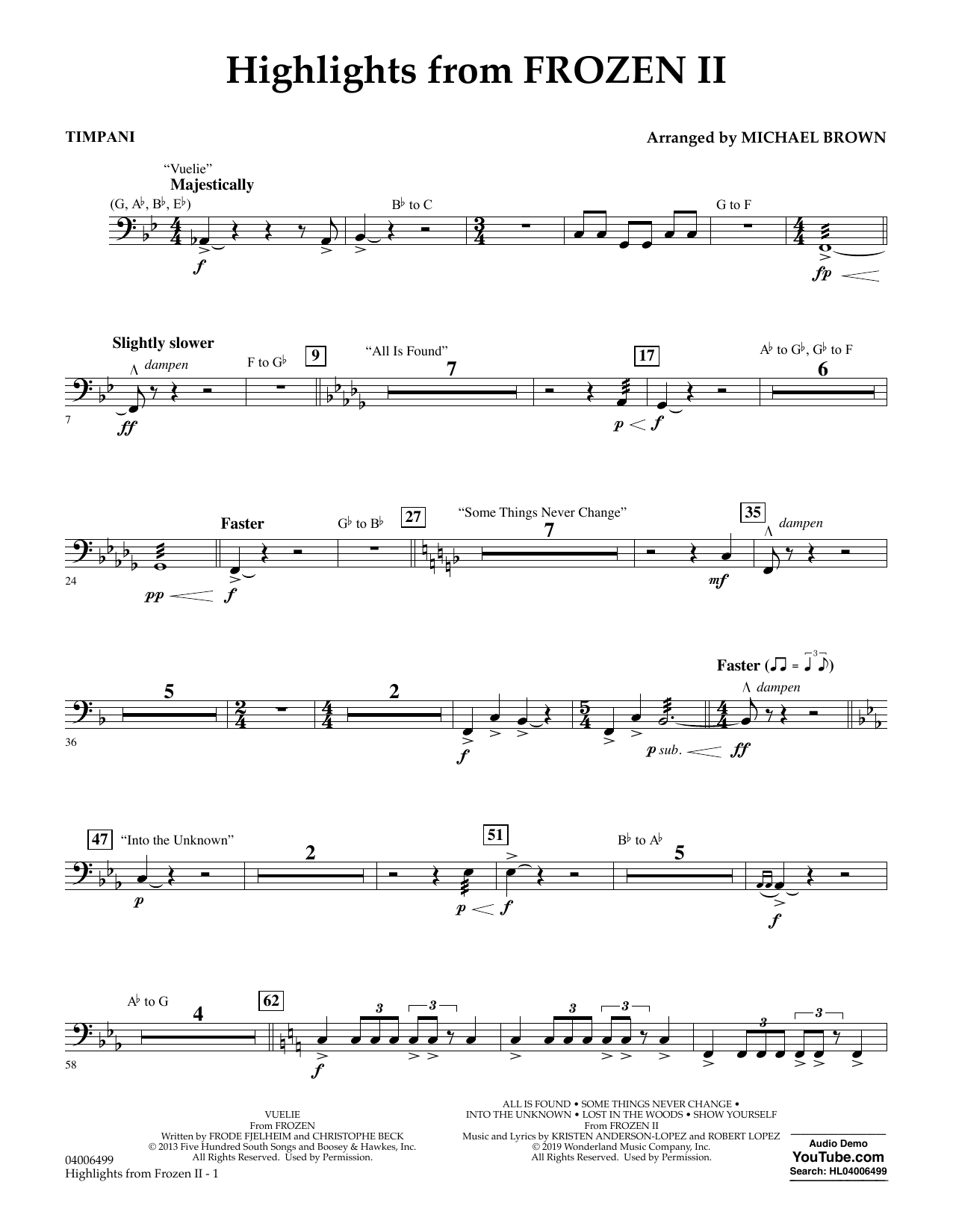 Download Kristen Anderson-Lopez & Robert Lopez Highlights from Disney's Frozen 2 (arr. Michael Brown) - Timpani Sheet Music and learn how to play Concert Band PDF digital score in minutes