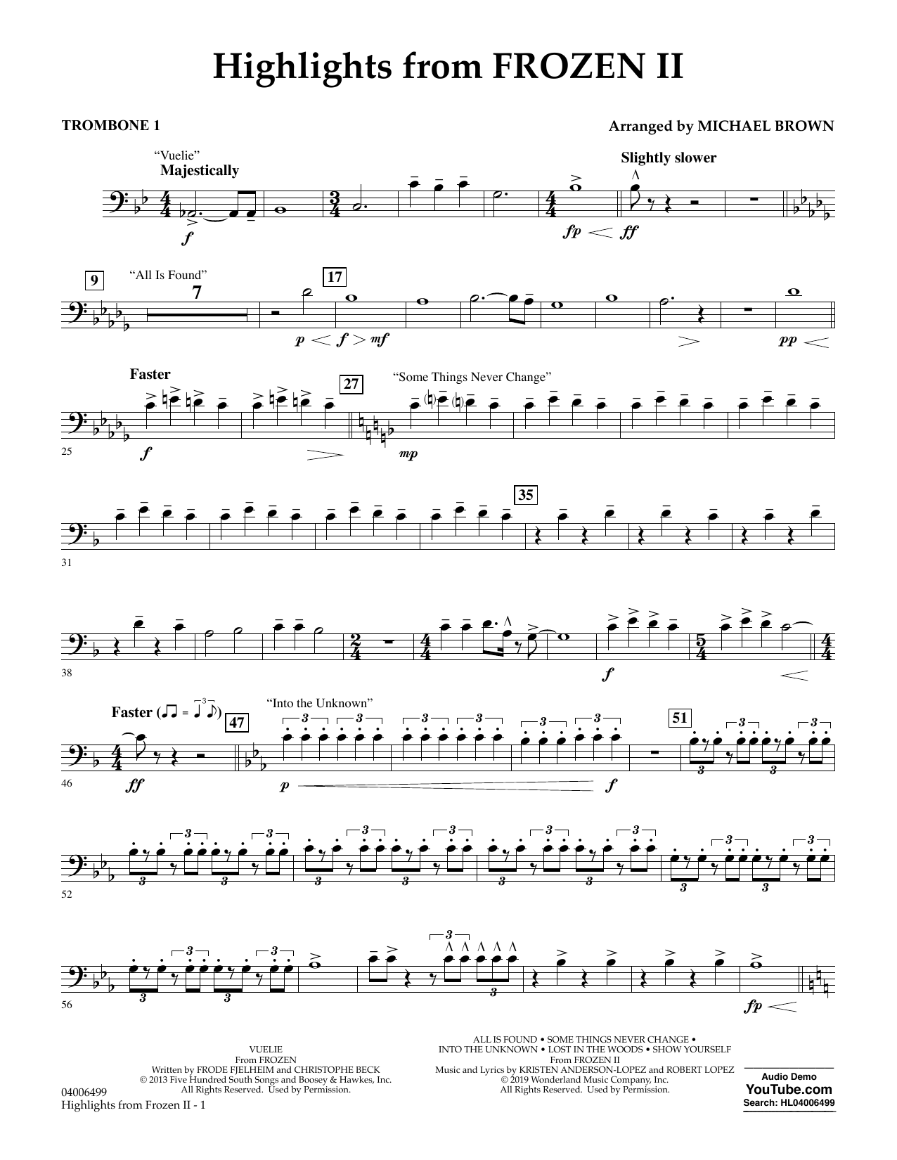 Download Kristen Anderson-Lopez & Robert Lopez Highlights from Disney's Frozen 2 (arr. Michael Brown) - Trombone 1 Sheet Music and learn how to play Concert Band PDF digital score in minutes