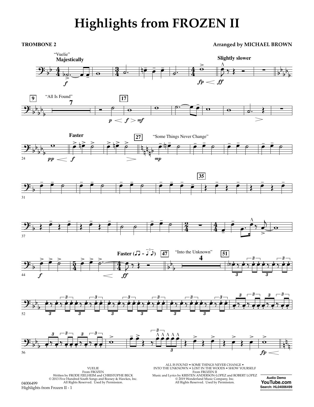 Download Kristen Anderson-Lopez & Robert Lopez Highlights from Disney's Frozen 2 (arr. Michael Brown) - Trombone 2 Sheet Music and learn how to play Concert Band PDF digital score in minutes