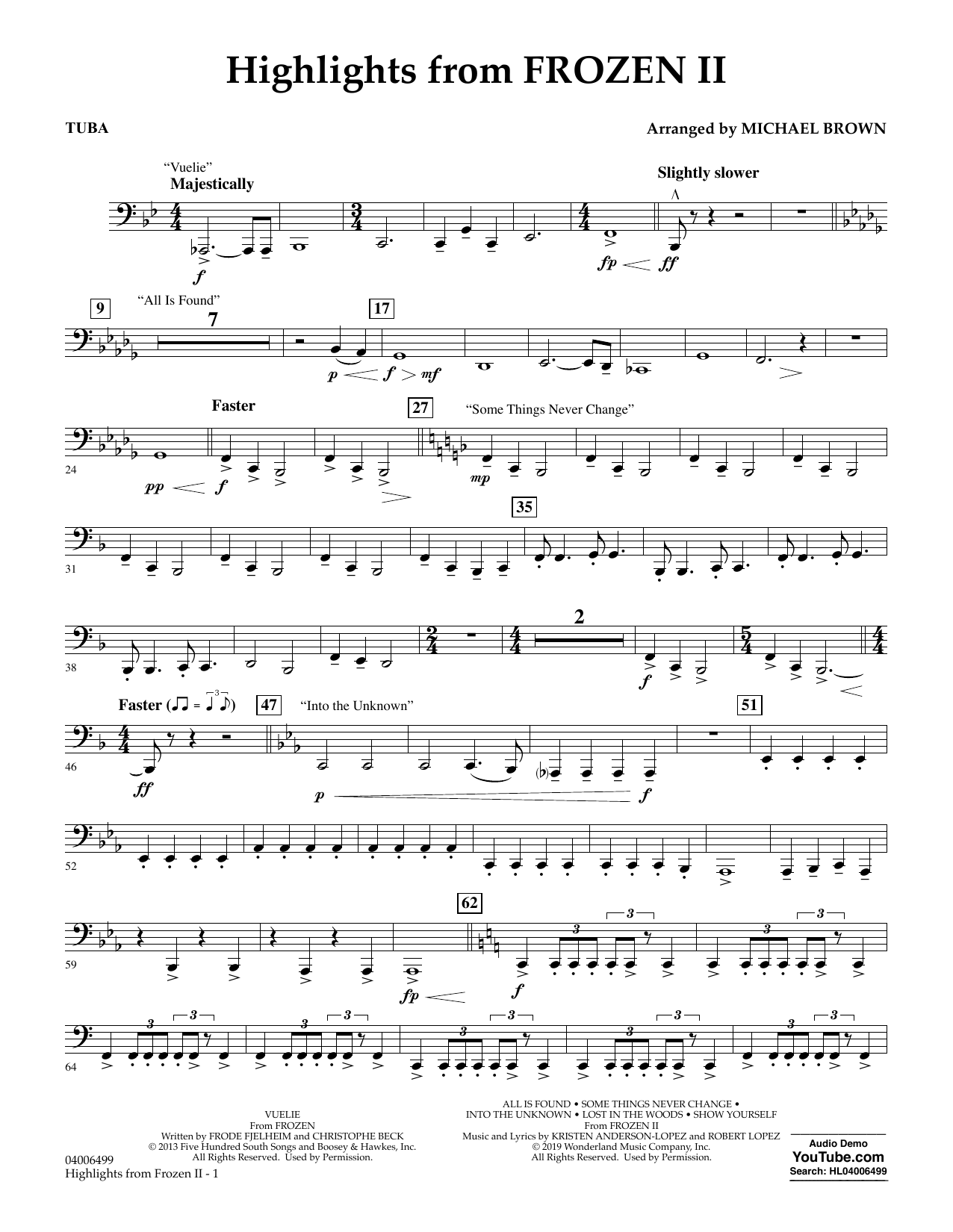 Download Kristen Anderson-Lopez & Robert Lopez Highlights from Disney's Frozen 2 (arr. Michael Brown) - Tuba Sheet Music and learn how to play Concert Band PDF digital score in minutes