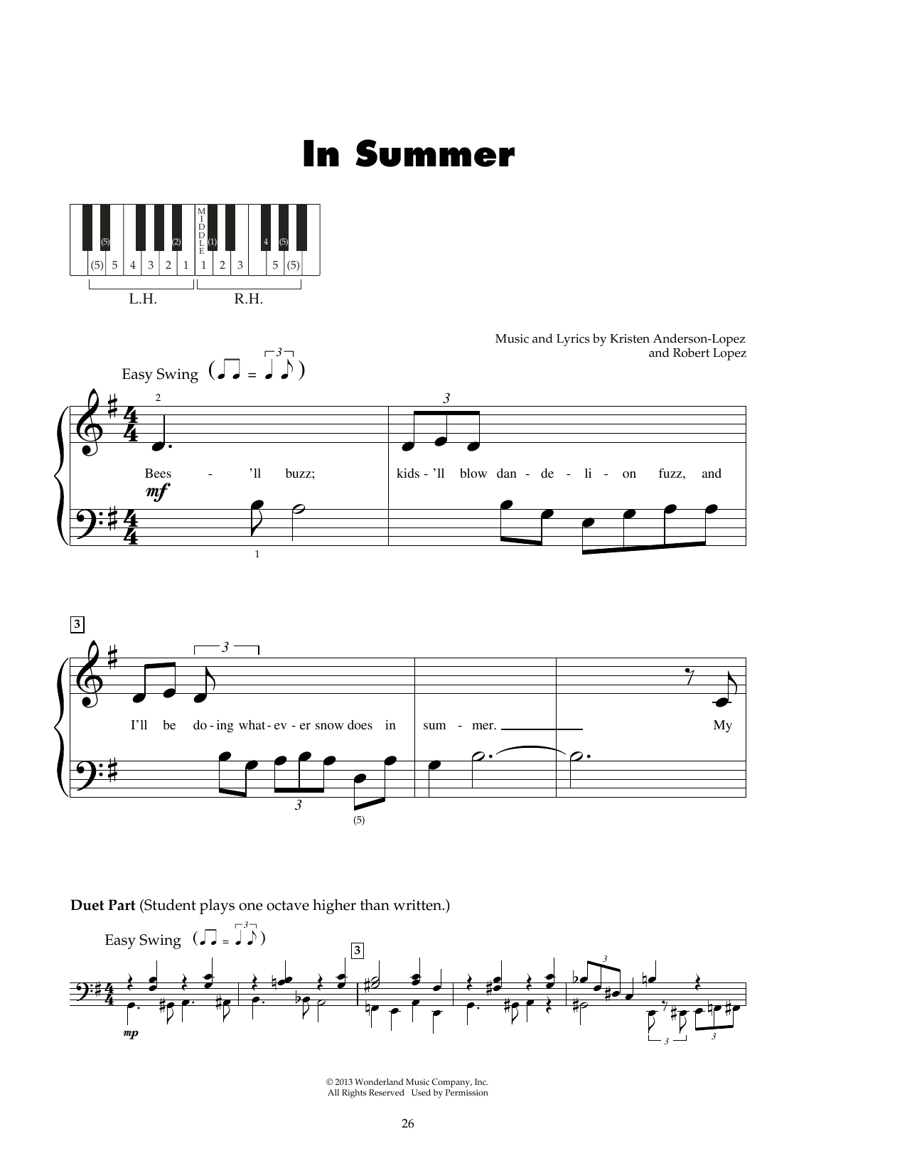 Download Kristen Anderson-Lopez & Robert Lopez In Summer (from Frozen) Sheet Music and learn how to play 5-Finger Piano PDF digital score in minutes