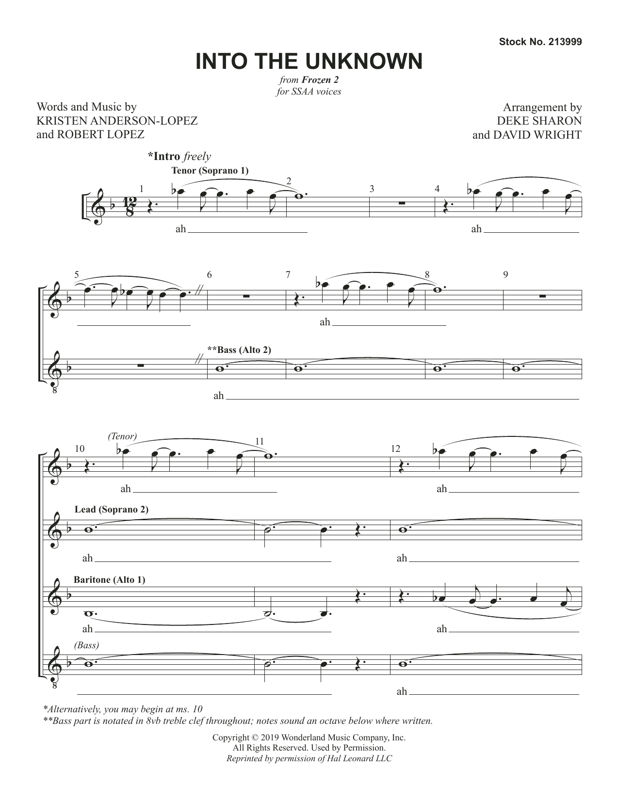 Download Kristen Anderson-Lopez & Robert Lopez Into the Unknown (from Frozen 2) (arr. Deke Sharon & David Wright) Sheet Music and learn how to play SATB Choir PDF digital score in minutes