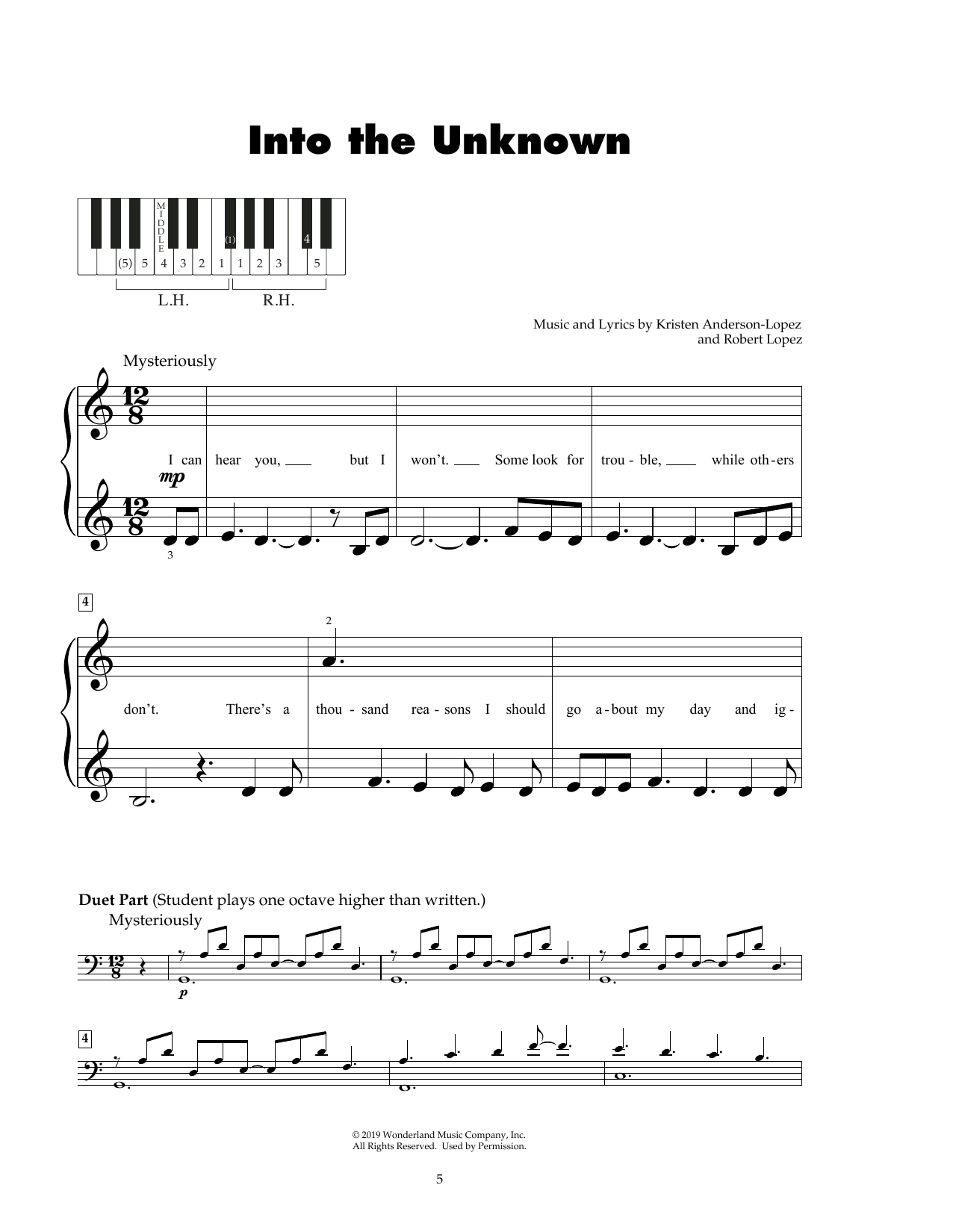 Download Kristen Anderson-Lopez & Robert Lopez Into The Unknown (from Frozen 2) Sheet Music and learn how to play 5-Finger Piano PDF digital score in minutes