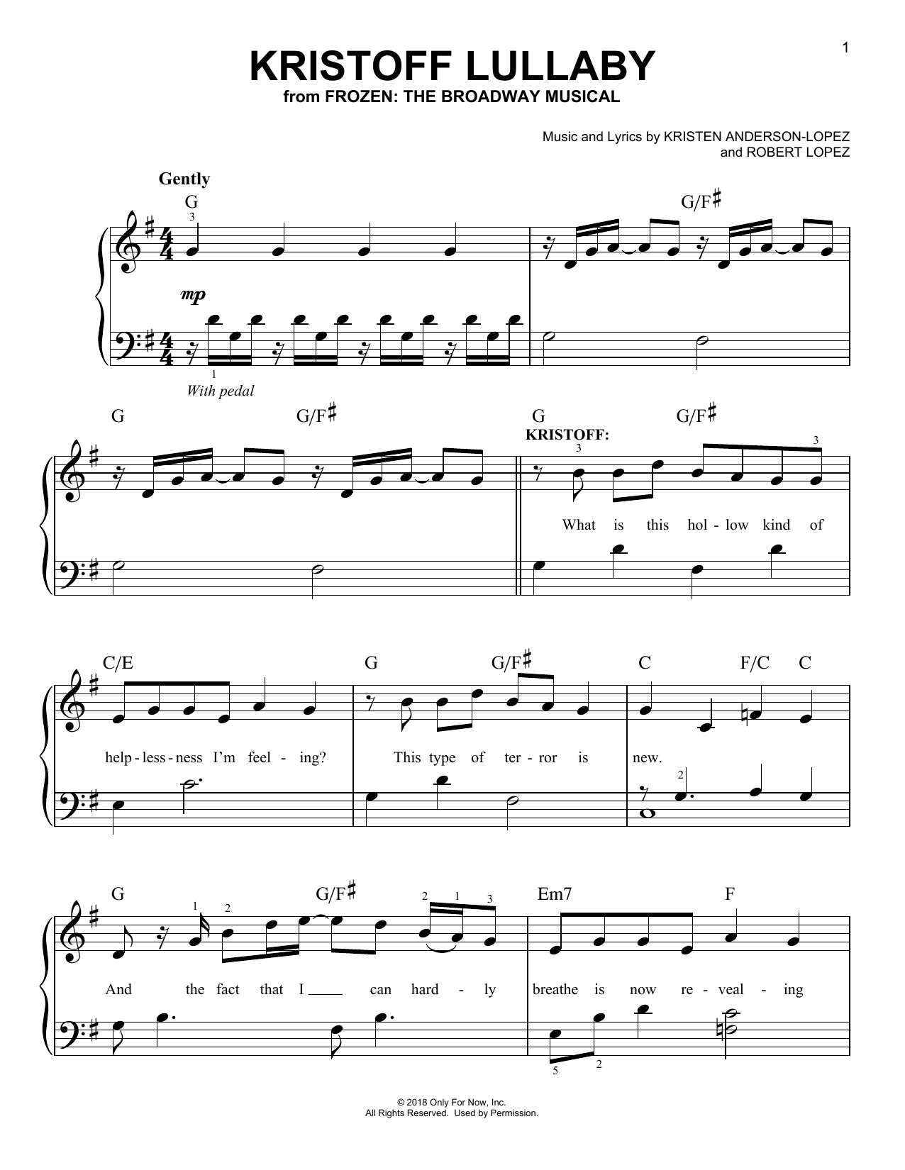 Download Kristen Anderson-Lopez & Robert Lopez Kristoff Lullaby (from Frozen: The Broadway Musical) Sheet Music and learn how to play Easy Piano PDF digital score in minutes
