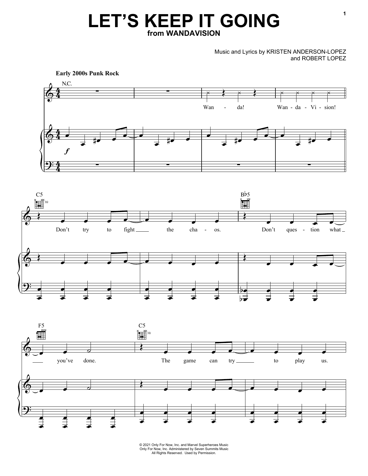 Download Kristen Anderson-Lopez & Robert Lopez Let's Keep It Going (from WandaVision) Sheet Music and learn how to play Piano, Vocal & Guitar Chords (Right-Hand Melody) PDF digital score in minutes