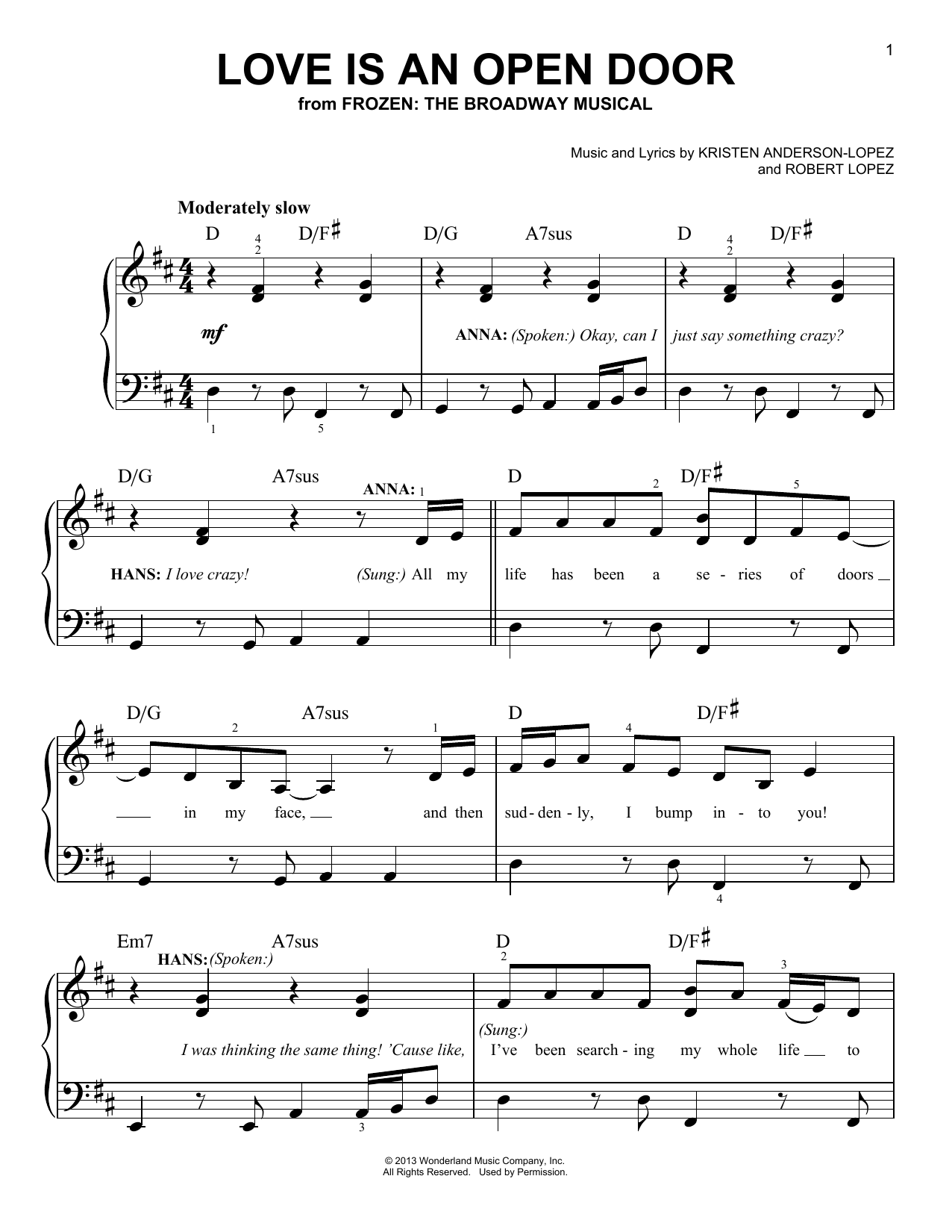 Download Kristen Anderson-Lopez & Robert Lopez Love Is An Open Door (from Frozen: The Broadway Musical) Sheet Music and learn how to play Piano & Vocal PDF digital score in minutes