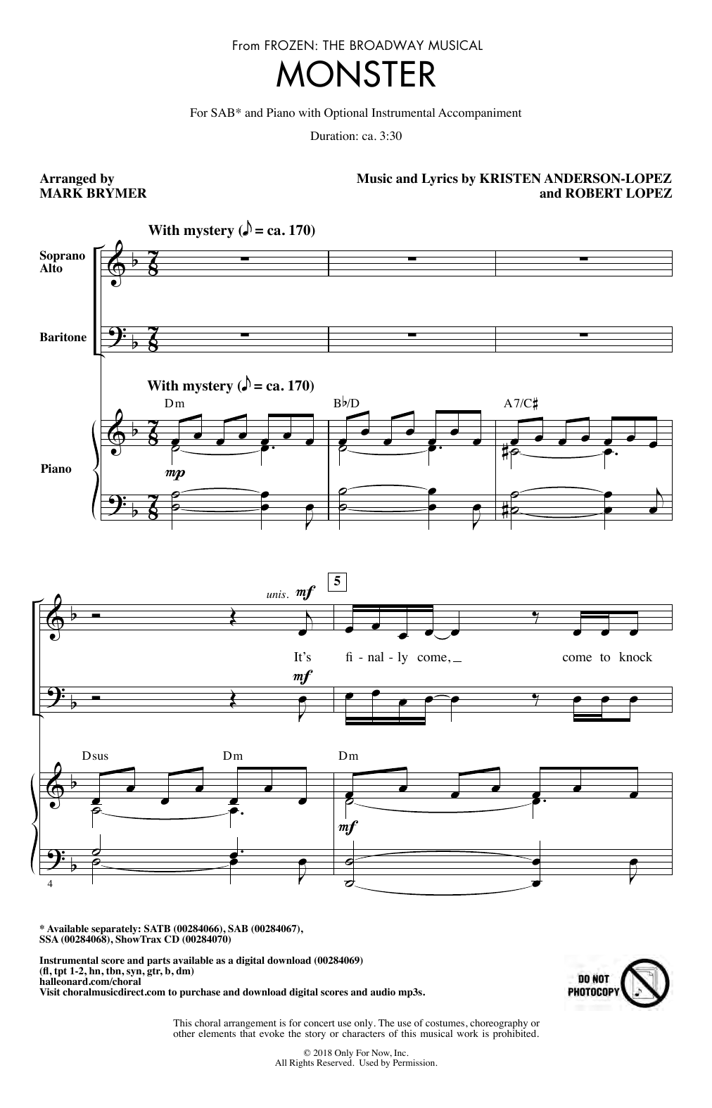Download Kristen Anderson-Lopez & Robert Lopez Monster (from Frozen: The Broadway Musical) (arr. Mark Brymer) Sheet Music and learn how to play SSA Choir PDF digital score in minutes