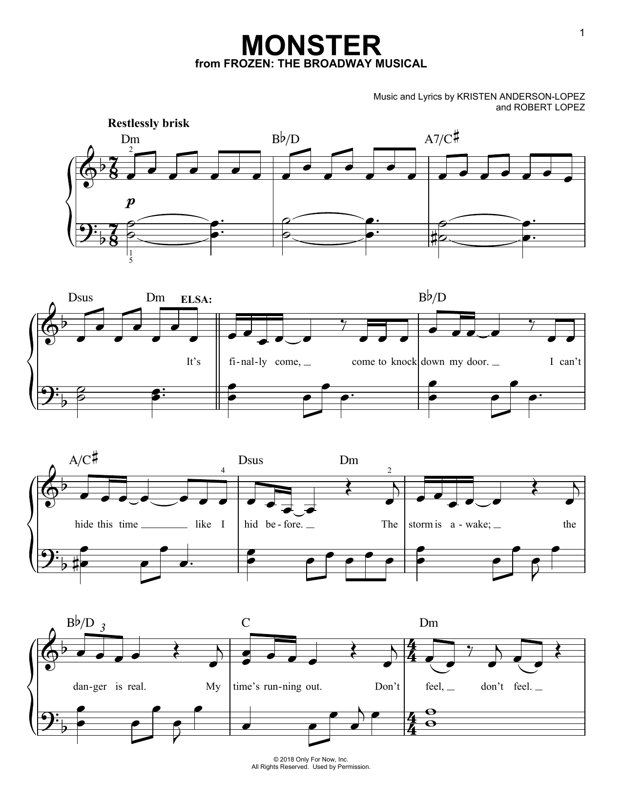 Download Kristen Anderson-Lopez & Robert Lopez Monster (from Frozen: The Broadway Musical) Sheet Music and learn how to play Easy Piano PDF digital score in minutes