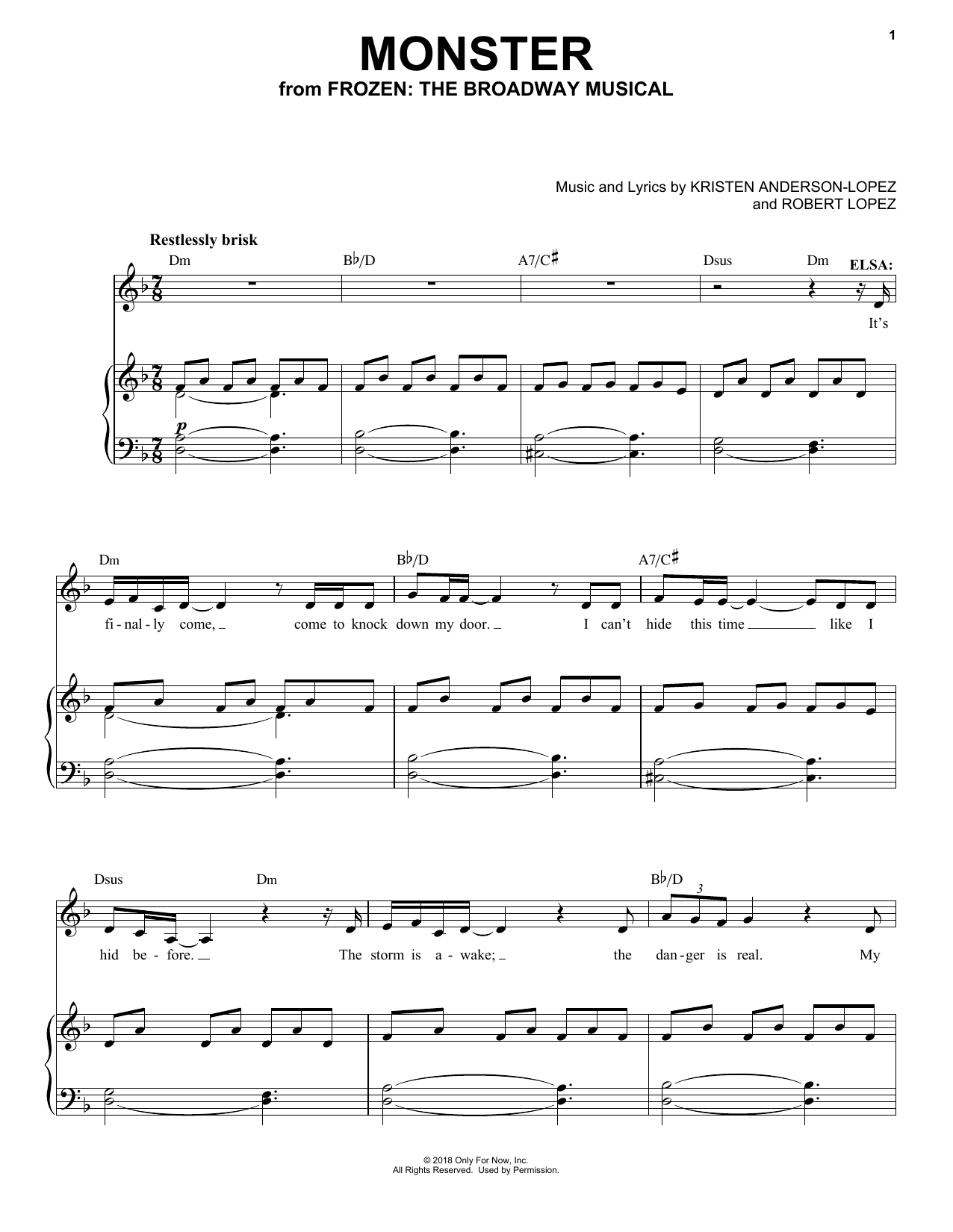 Download Kristen Anderson-Lopez & Robert Lopez Monster (from Frozen: The Broadway Musical) Sheet Music and learn how to play Easy Piano PDF digital score in minutes