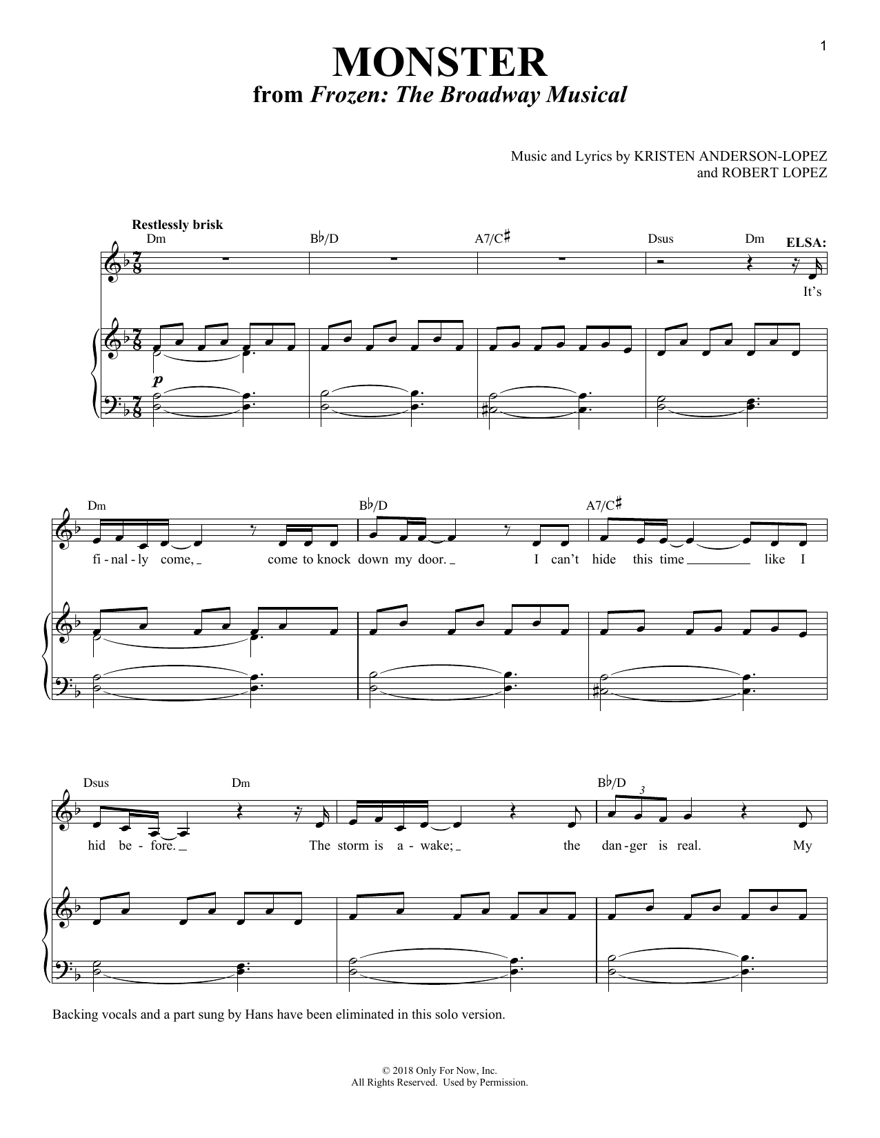 Download Kristen Anderson-Lopez & Robert Lopez Monster [Solo version] (from Frozen: The Broadway Musical) Sheet Music and learn how to play Piano & Vocal PDF digital score in minutes