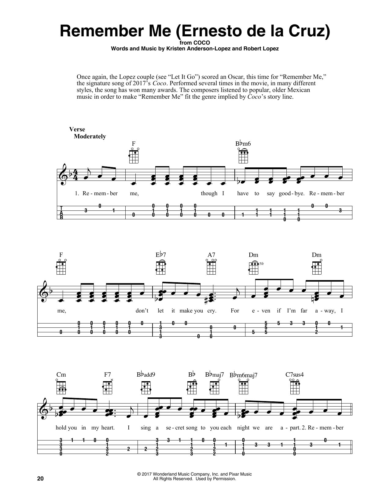 Download Kristen Anderson-Lopez & Robert Lopez Remember Me (Ernesto de la Cruz) (from Coco) (arr. Fred Sokolow) Sheet Music and learn how to play Easy Ukulele Tab PDF digital score in minutes